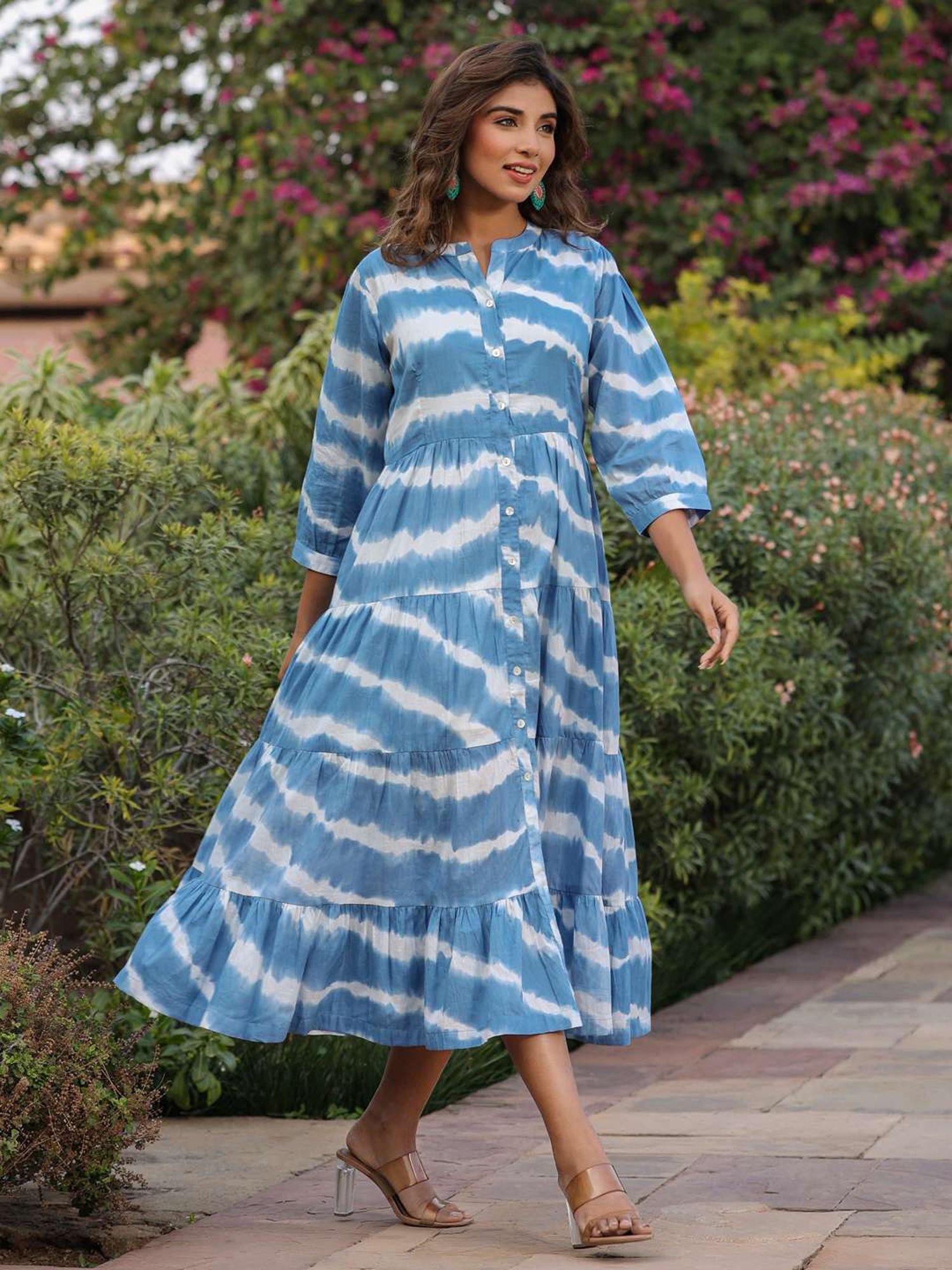 Rain and Rainbow Blue Cotton Tie & Dye A-Line Dress