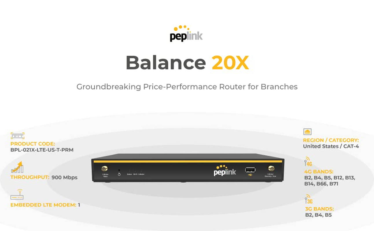 Peplink Balance 20X Router with PrimeCare - 1x GE WAN ports, 4x GE LAN ports and 1x LTE modem (CAT-4)