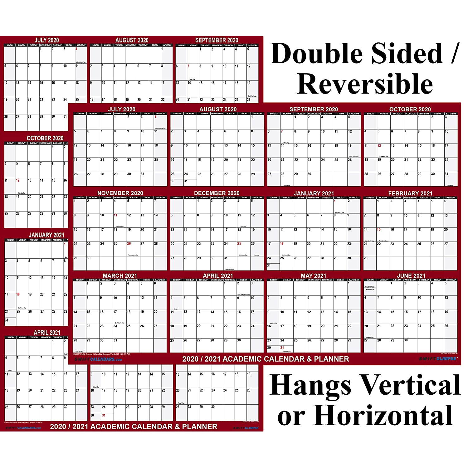 24" x 36" SwiftGlimpse 2020-2021 Academic Wall Calendar Dry Erase Erasable, Large, Wet & Dry Erase Laminated, June - July Yearly Planner (24x36 Maroon 2020-2021)