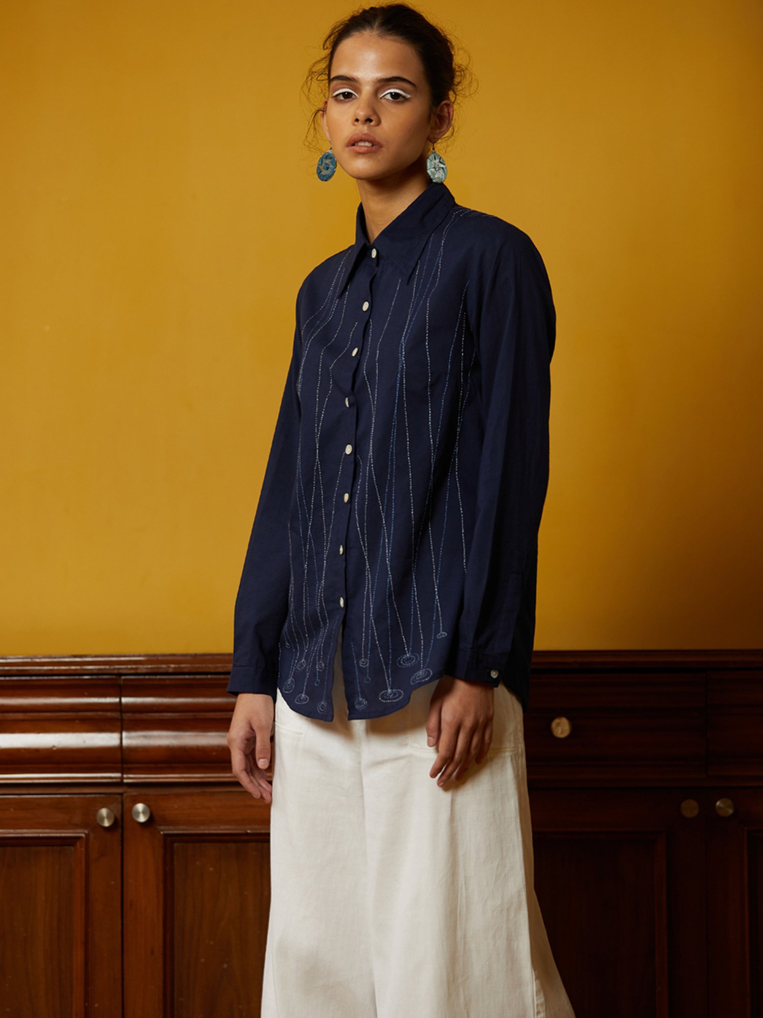Okhai Puddle Indigo Blue Pure Cotton Hand Embroidered Shirt