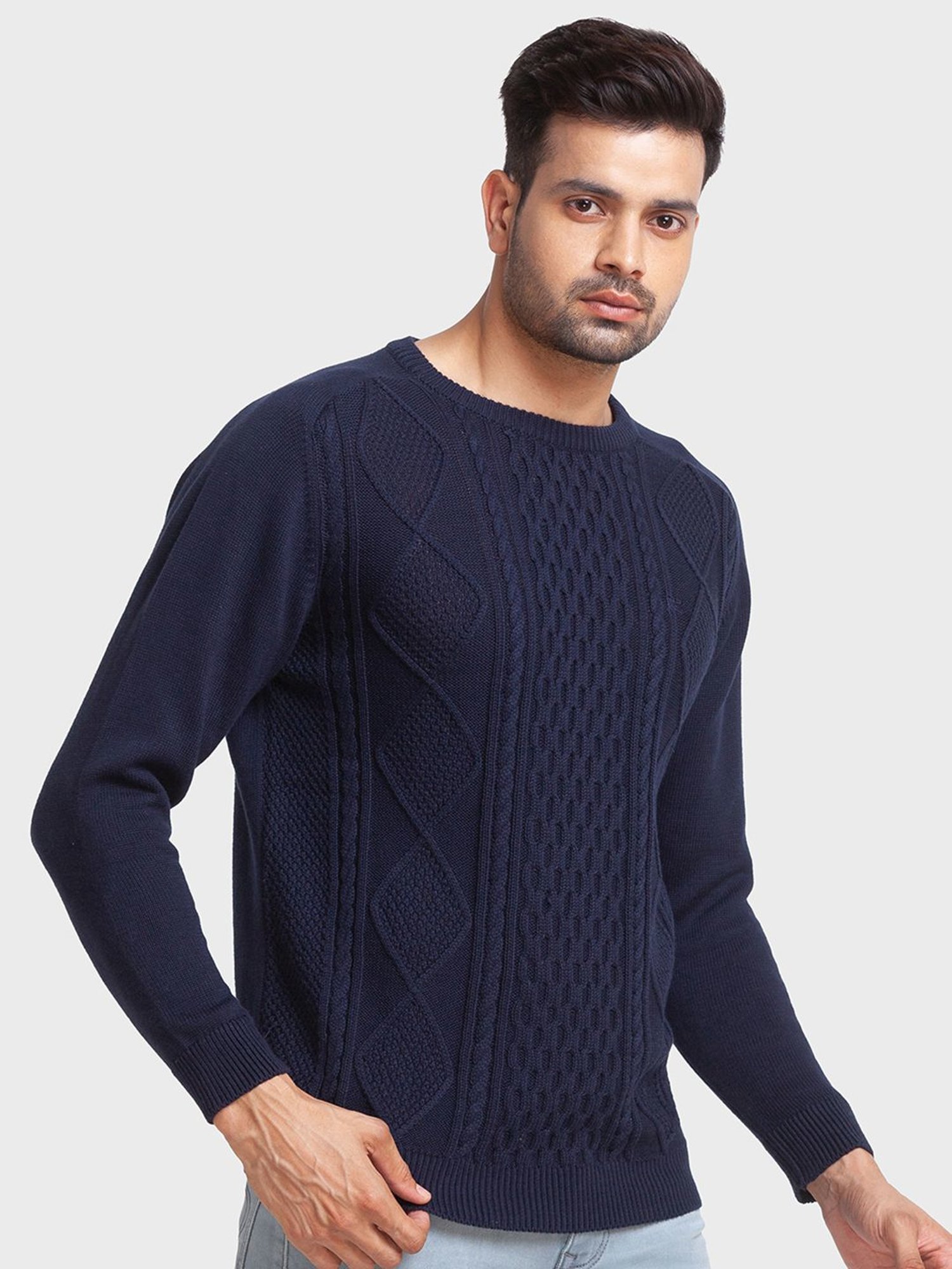 ColorPlus Navy Cotton Tailored Fit Self Pattern Sweaters