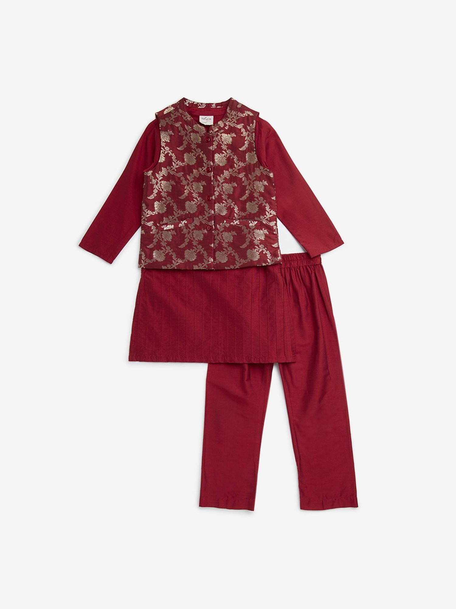 Utsa Kids by Westside Red Floral Design Jacket, Kurta and Pants Set