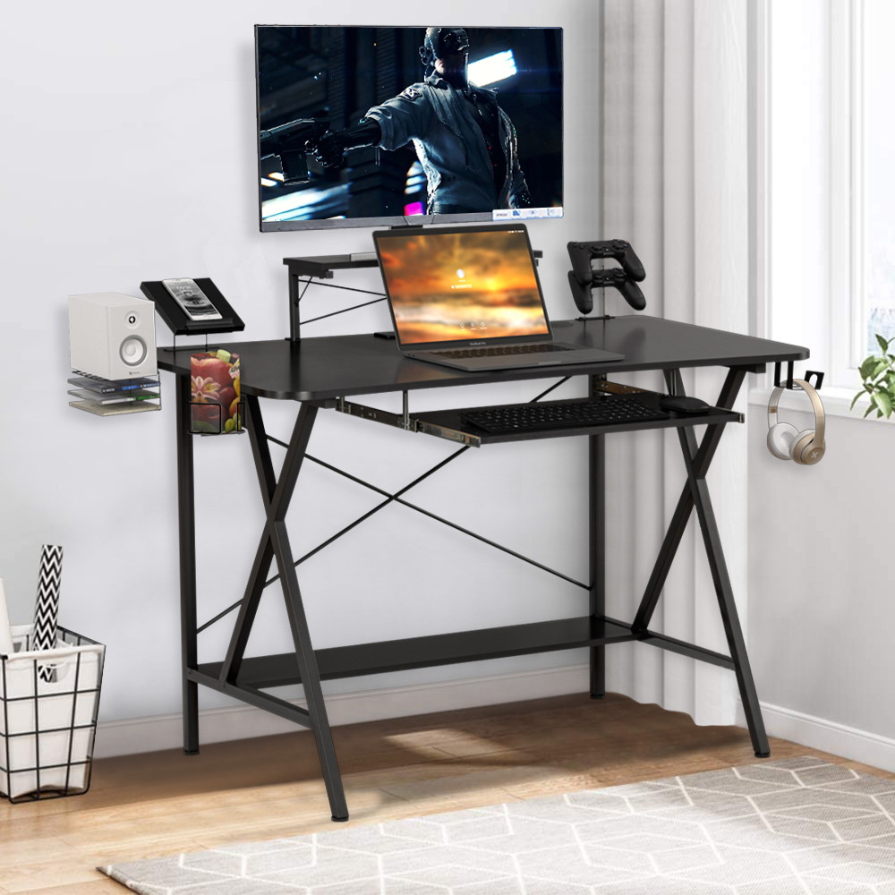 Gaming Desk, SEGMART 47" PC Computer Desk, Home Office PC E-Sports Gaming Workstation Table with Cup Holder & Headphone Hook, Gamer Tables Writing Table with PC Stand Shelf Keyboard Stand, Black, R028