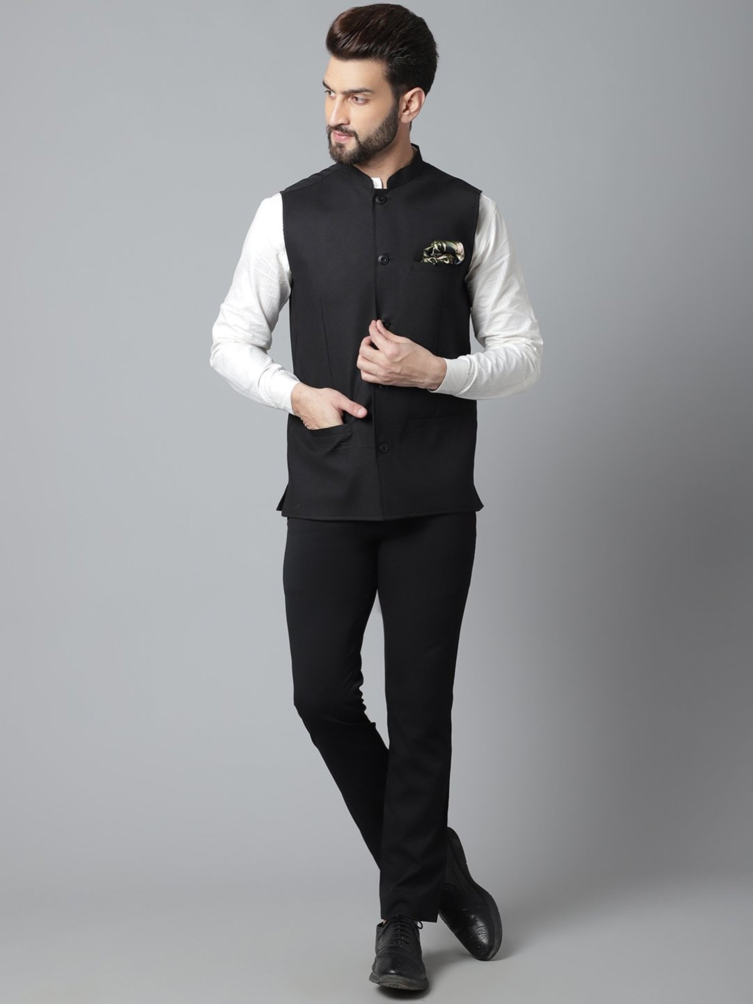 Even Black Regular Fit Mandarin Collar Nehru Jacket