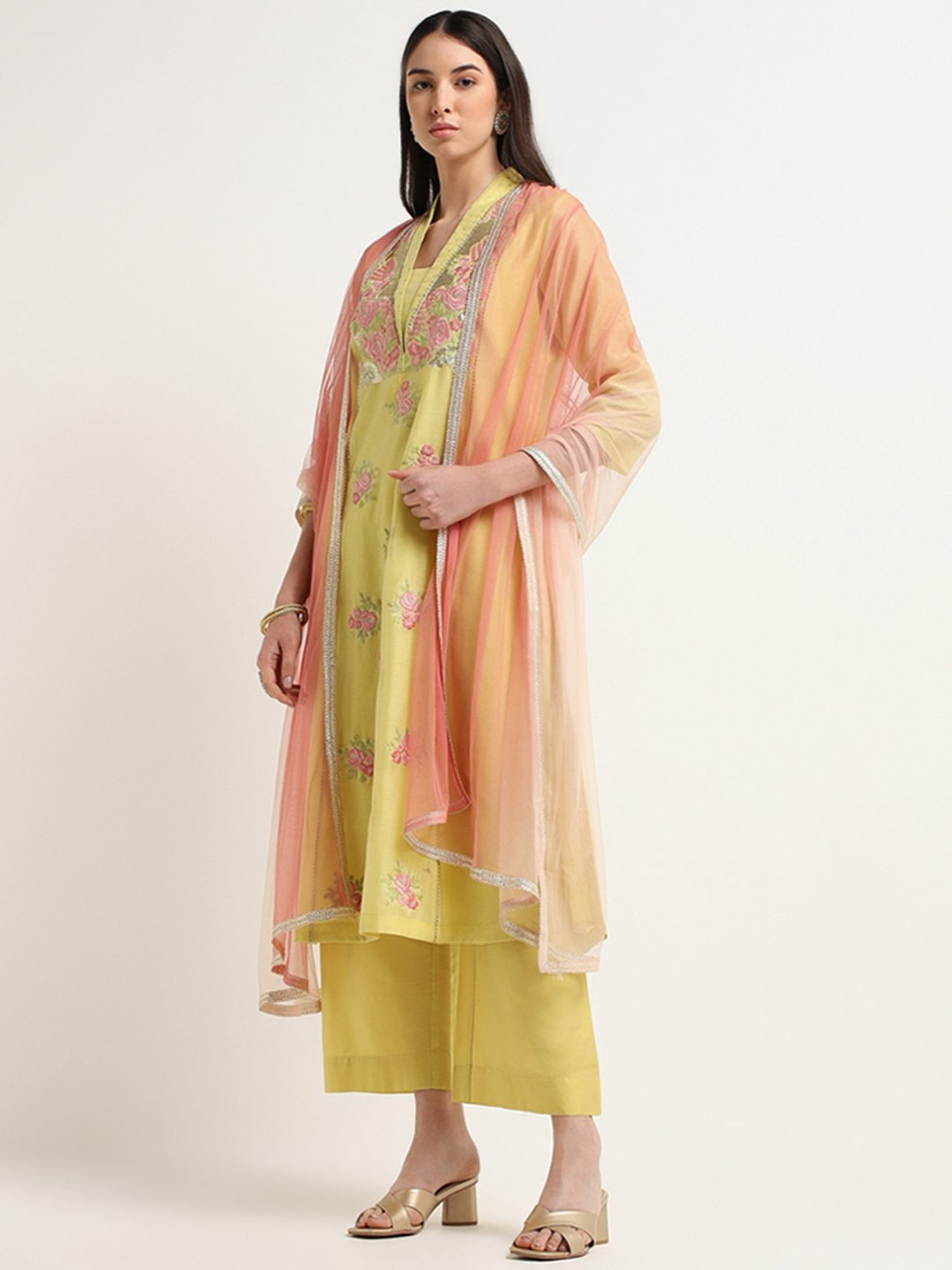 Vark by Westside Mustard Embroidered Kurta, Pants & Dupatta Set