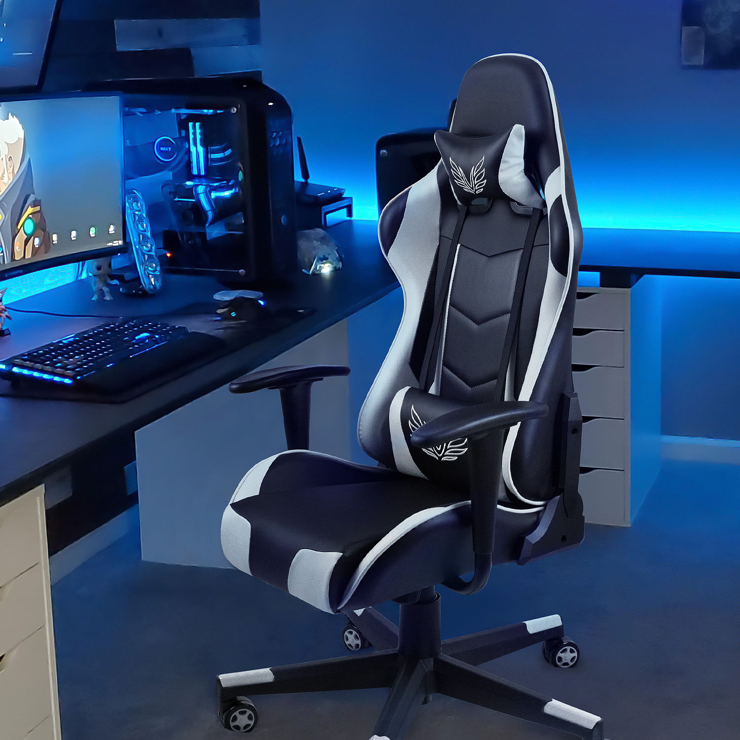 Homall Gaming Chair High Back Adjustable Height Racing Style Computer Chair with Headrest and Lumbar Support (Blue)