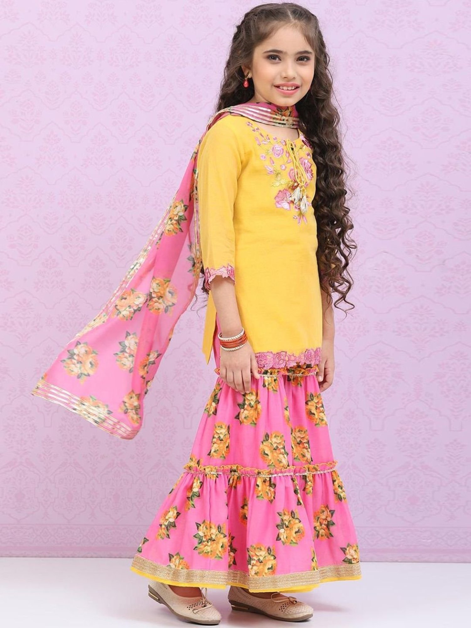 Biba Kids Yellow & Violet Embroidered Kurta Set