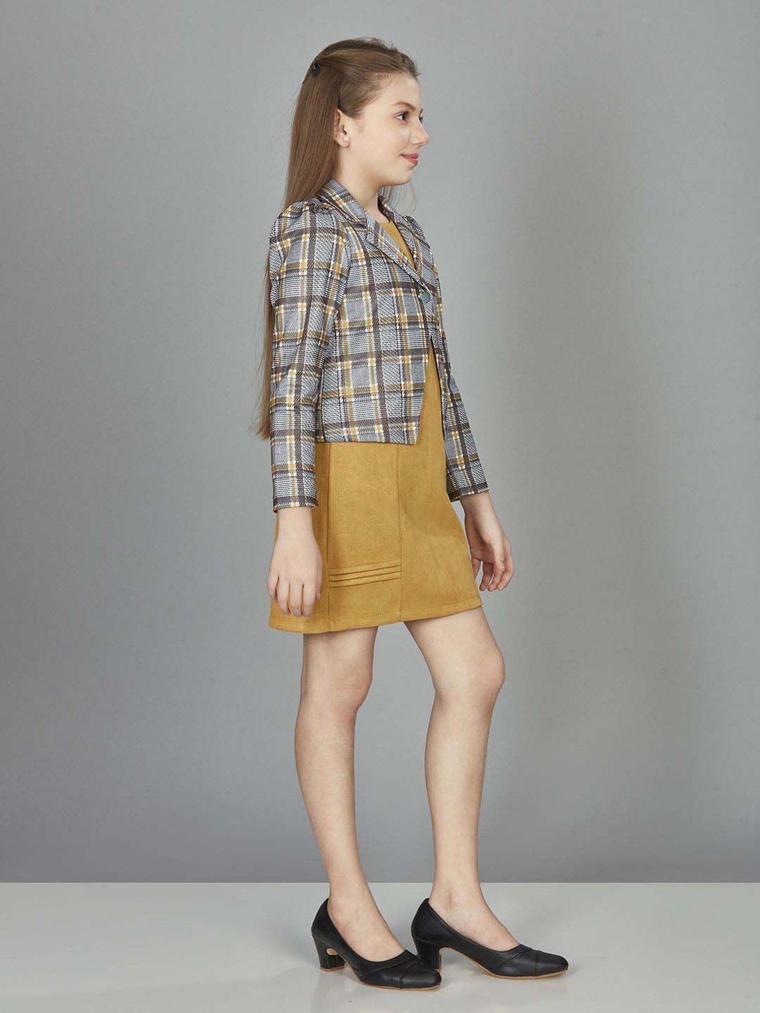 Peppermint Girls Mustard & Grey Checks Full Sleeves Dress Set