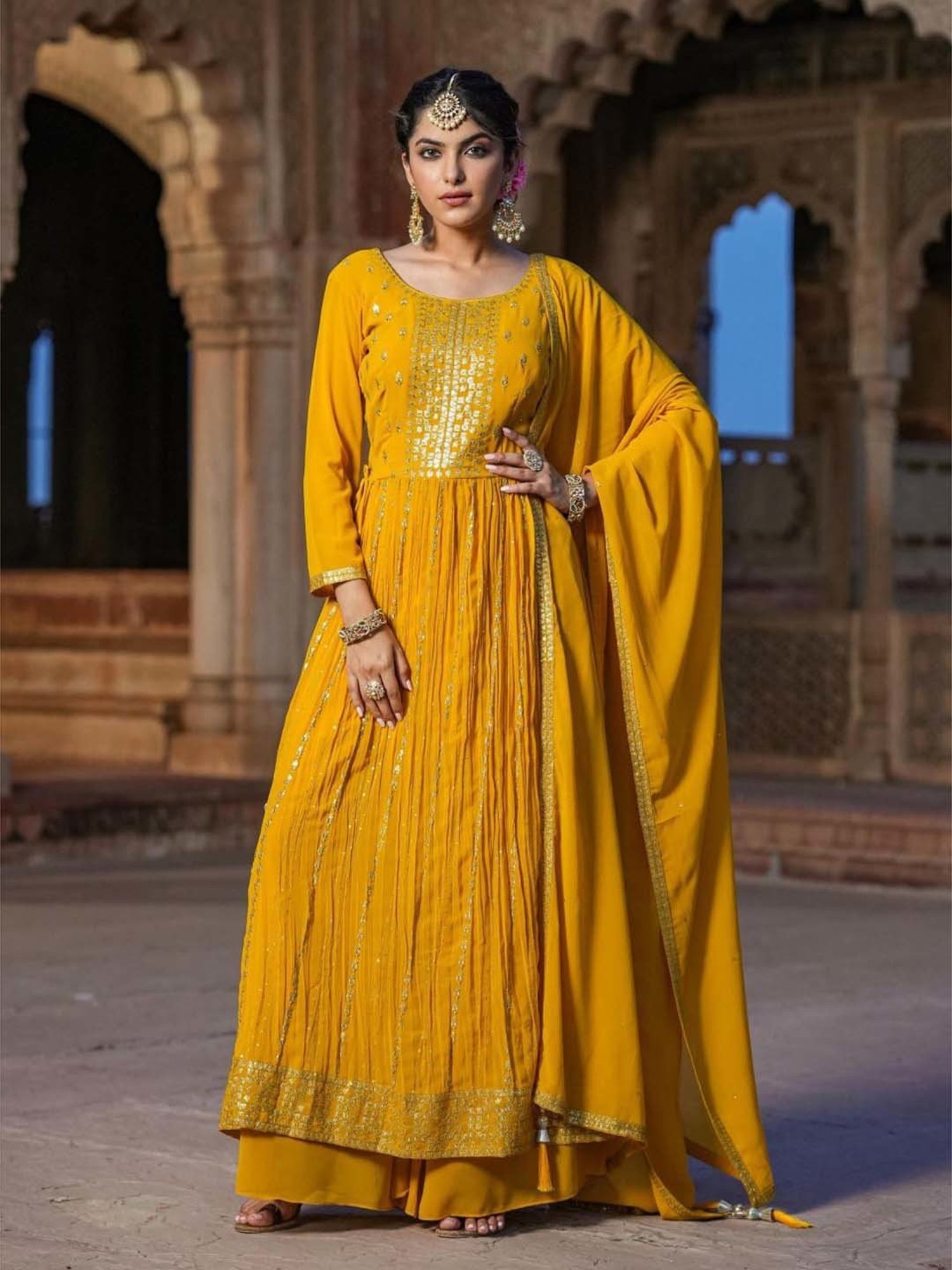 SCAKHI Yellow Embroidered Kurta Palazzo Set With Dupatta
