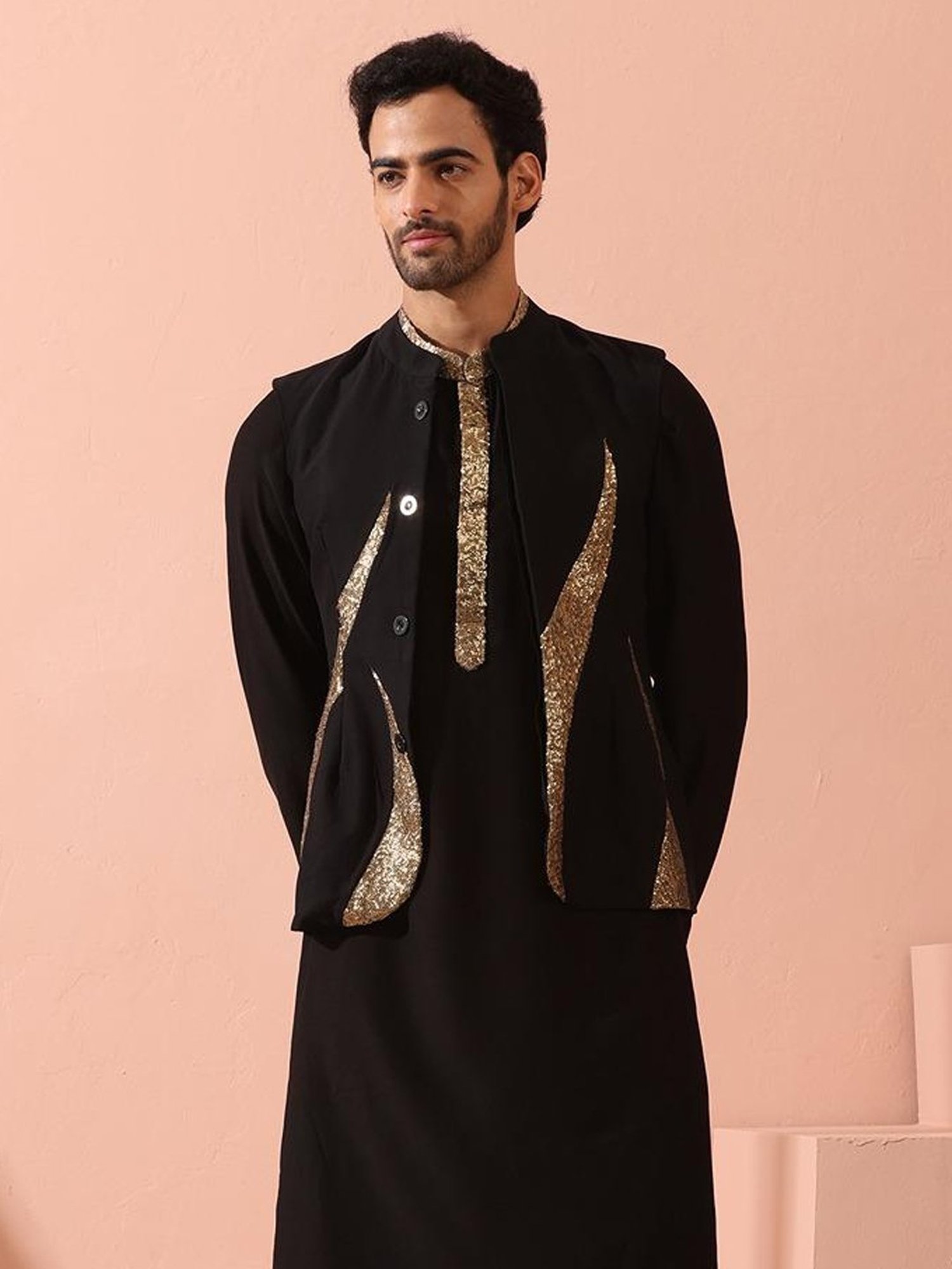 Swtantra Black Regular Fit Embellished Nehru Jacket
