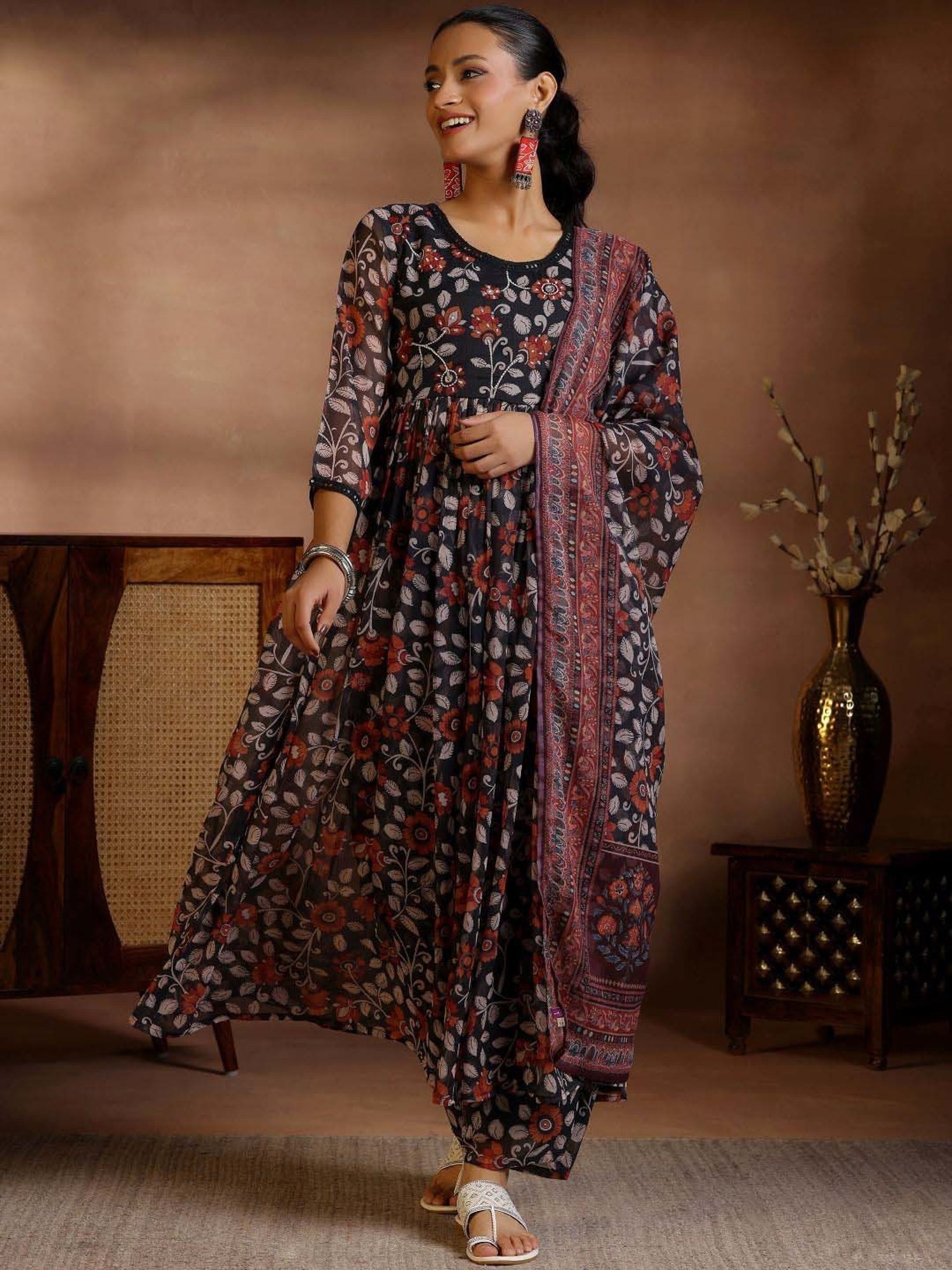 Libas Black Printed Kurta & Palazzo Set With Dupatta