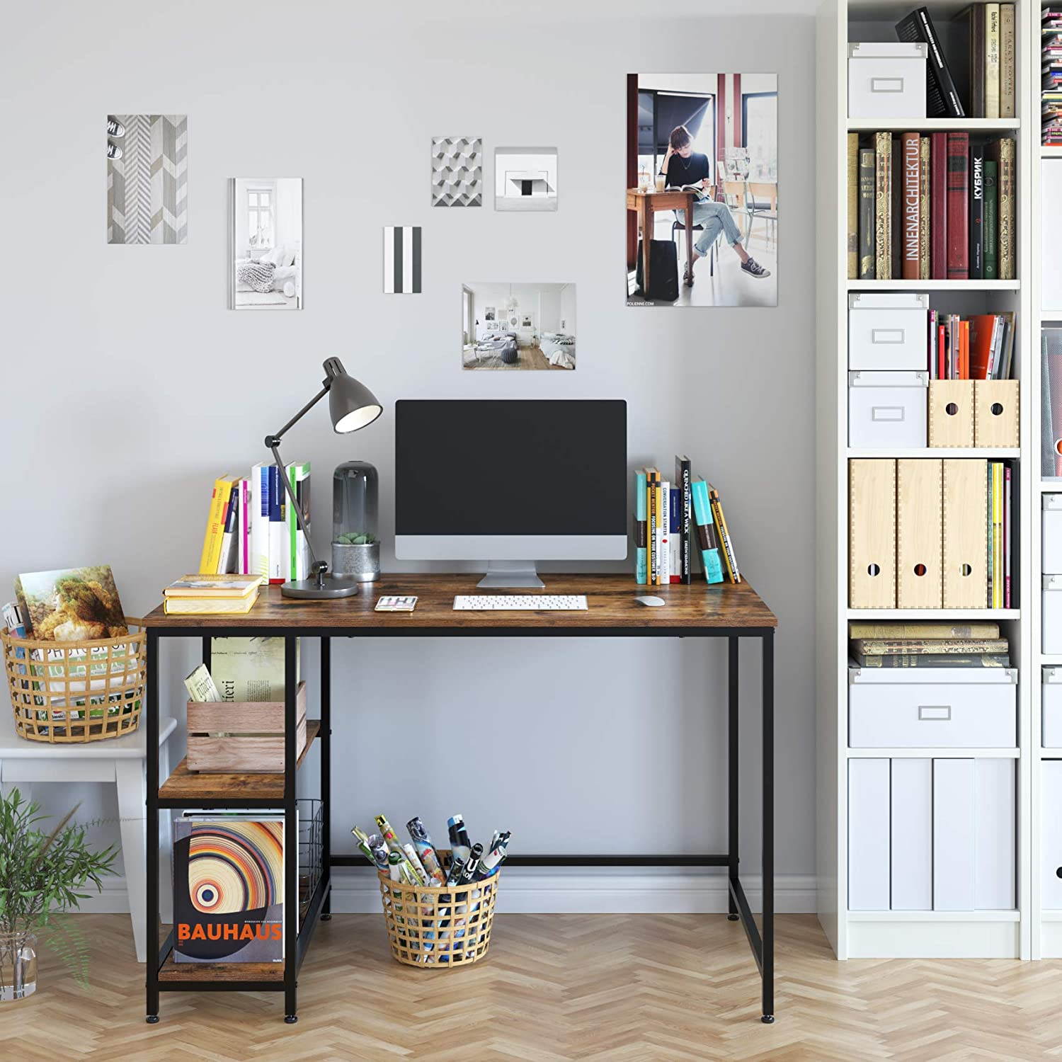 Computer Desk with 2 Shelves, 47 in Length Study Writing Table, 2-in-1 Large Office Desk with Metal Legs, Adjustable feet, Modern Furniture for Home Office, Study Room-Rustic Brown