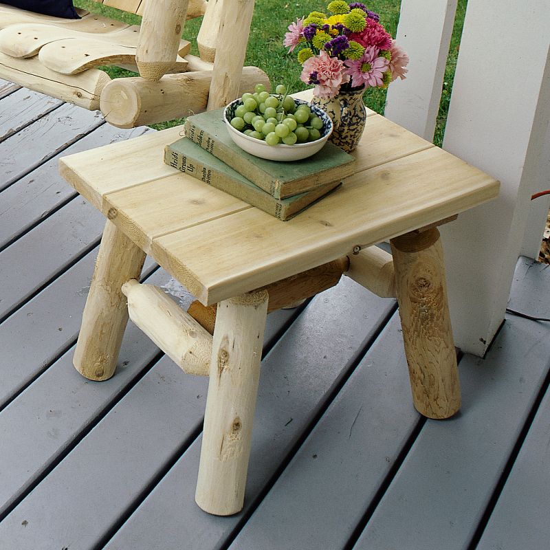 Lakeland Mills White Cedar Tree Log Wood Outdoor Patio Porch Side End Accent Table, Natural