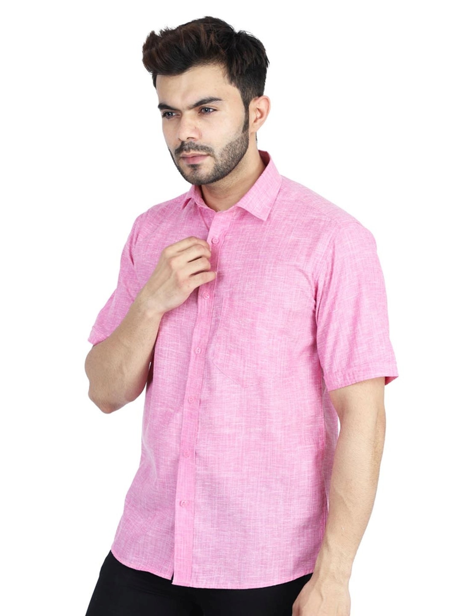 TAHVO Pink Linen Slim Fit Self Pattern Shirt