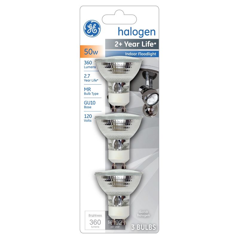 General Electric 50w 3pk GU10 Halogen Light Bulb White