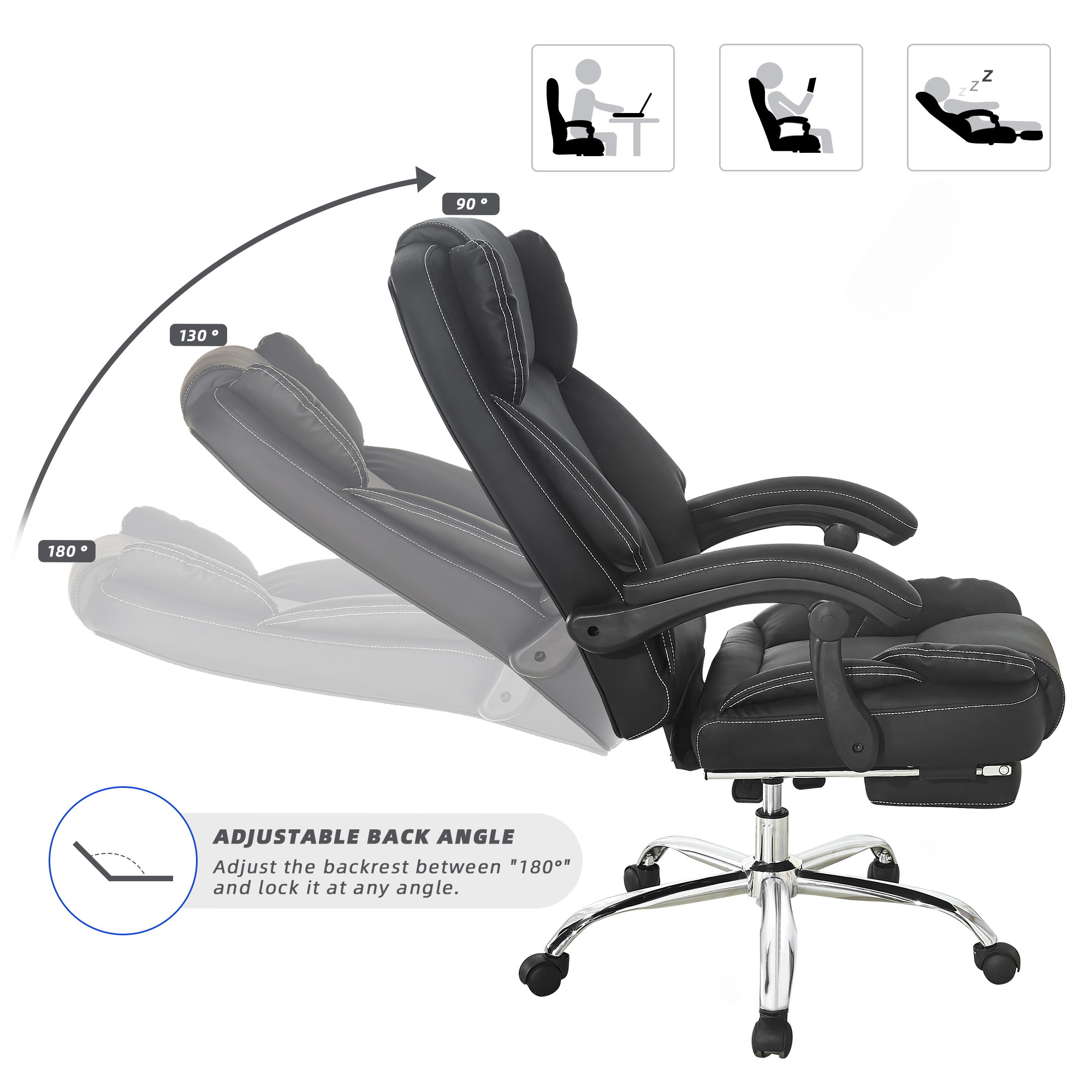 Reclining Office Chair - High Back Executive Computer Desk Chair with Lumbar Support, Angle Recline Locking System and Footrest, Thick Padding for Comfort