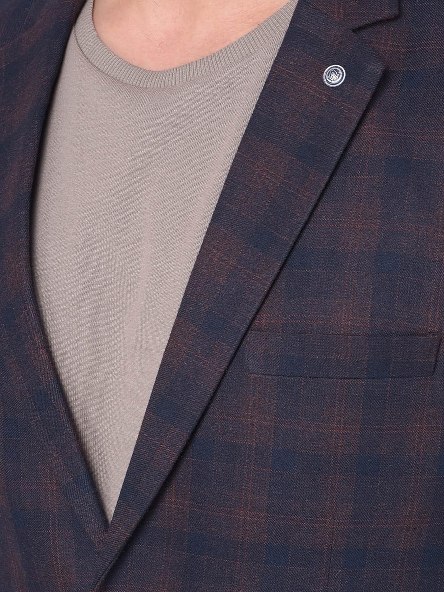 Crimsoune Club Navy Blue Slim Fit Checks Blazer