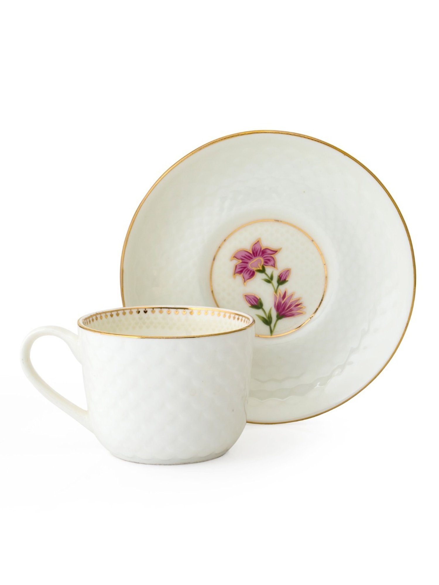 Clay Craft Fine Printed White Ceramic Cup & Saucer 180 ml - Set of 12