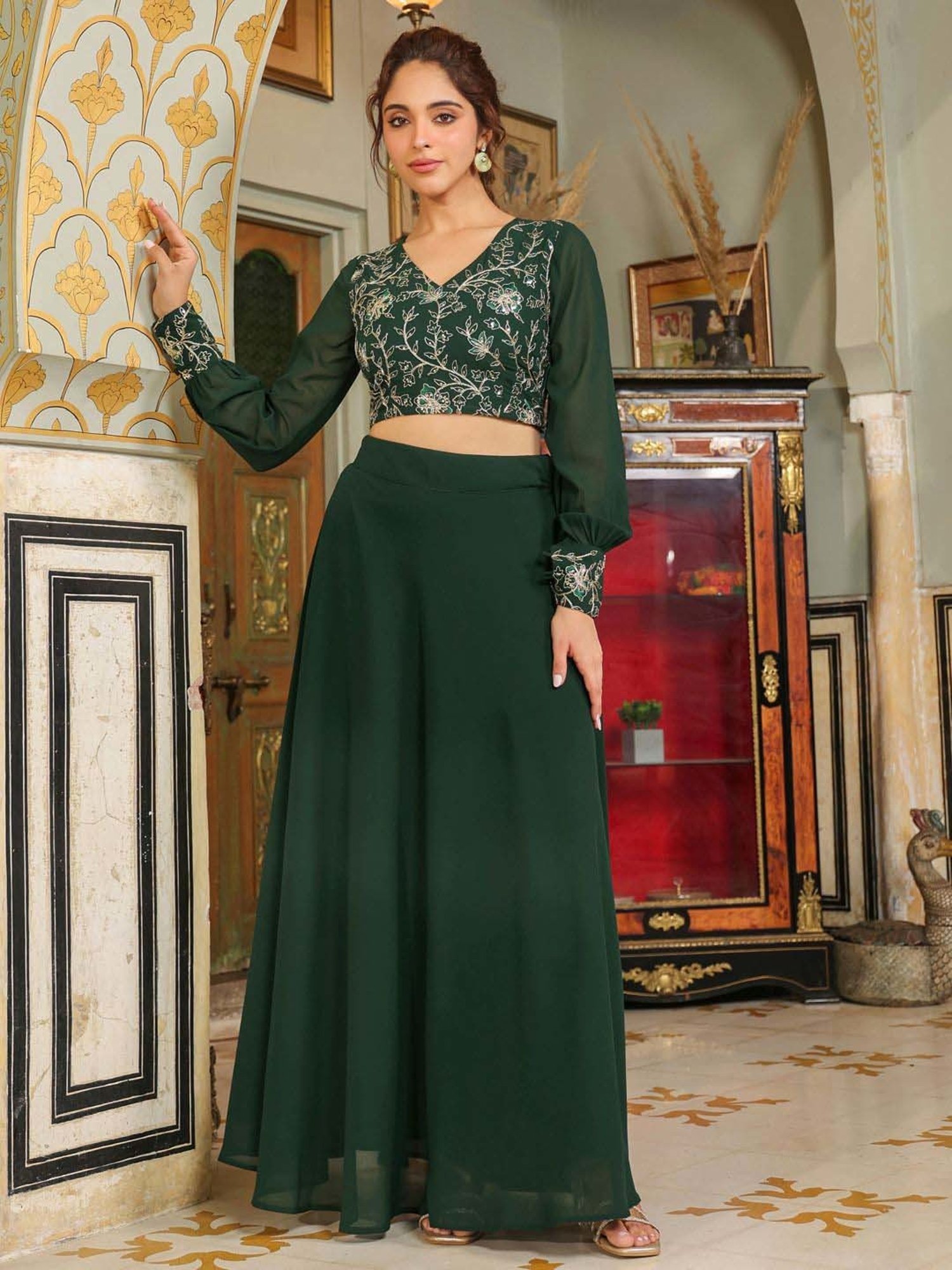 Janasya Green Embroidered Crop Top Skirt Set