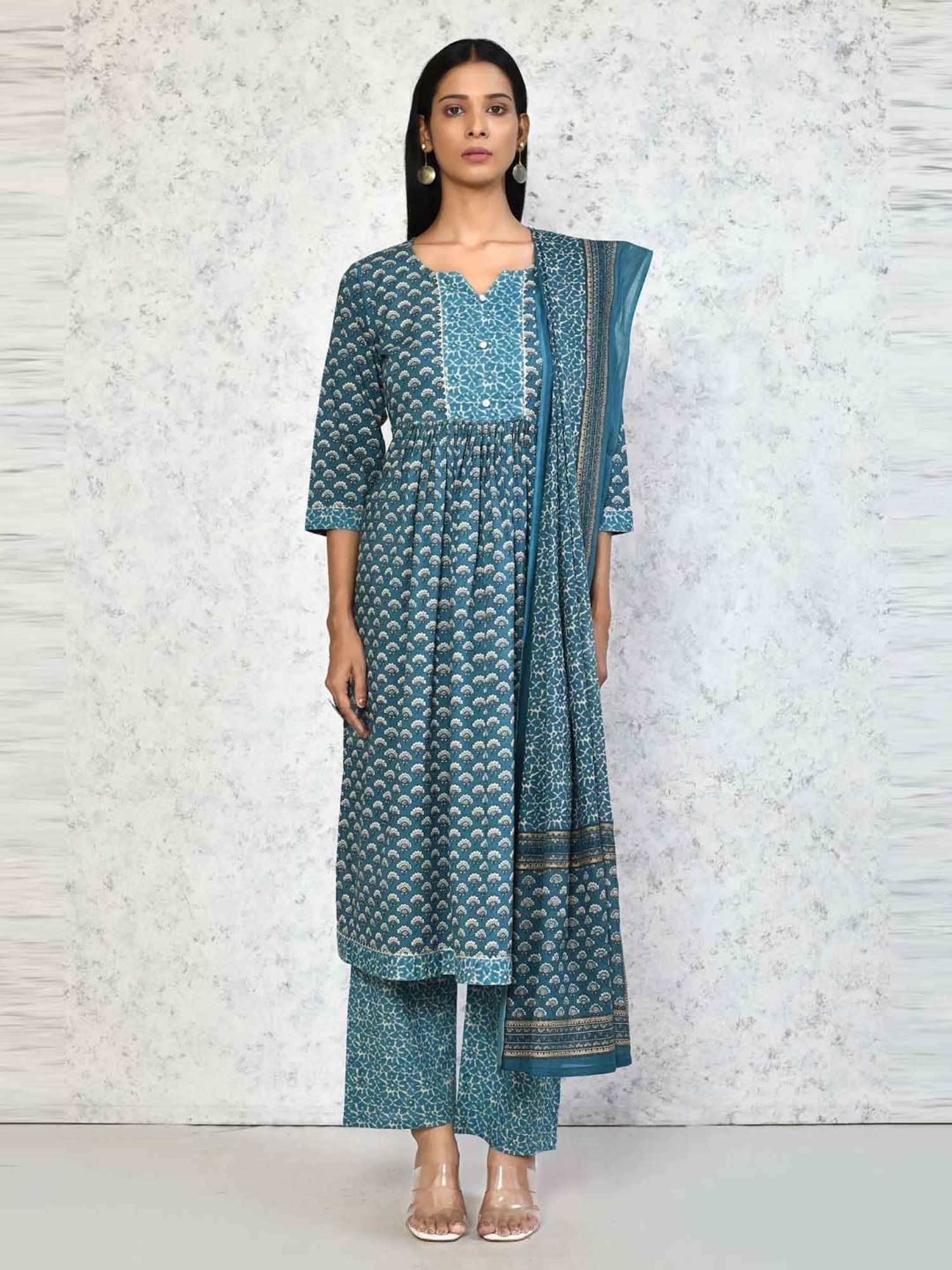 Miravan Blue Cotton Printed Kurta Palazzo Set With Dupatta