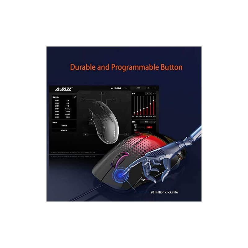AJ358 RGB Lightweight Gaming Mouse Translucent LED Backlit Adjustable 7 Level DPI Programmable 7 Buttons 85g Ergonomic Wired Mice for PC Computer Games or Work Black
