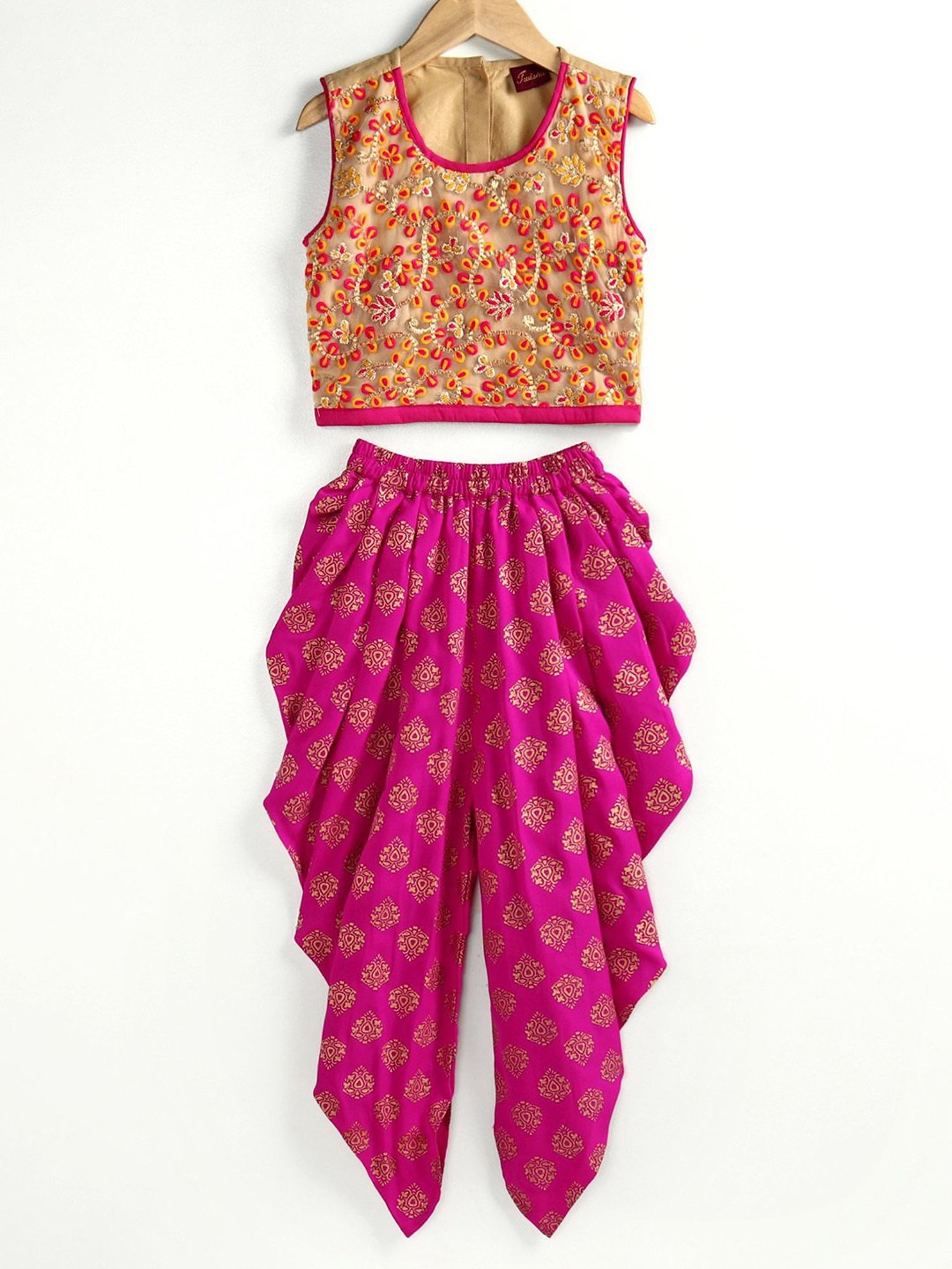 TWISHA Kids Beige & Pink Embroidered Top with Dhoti