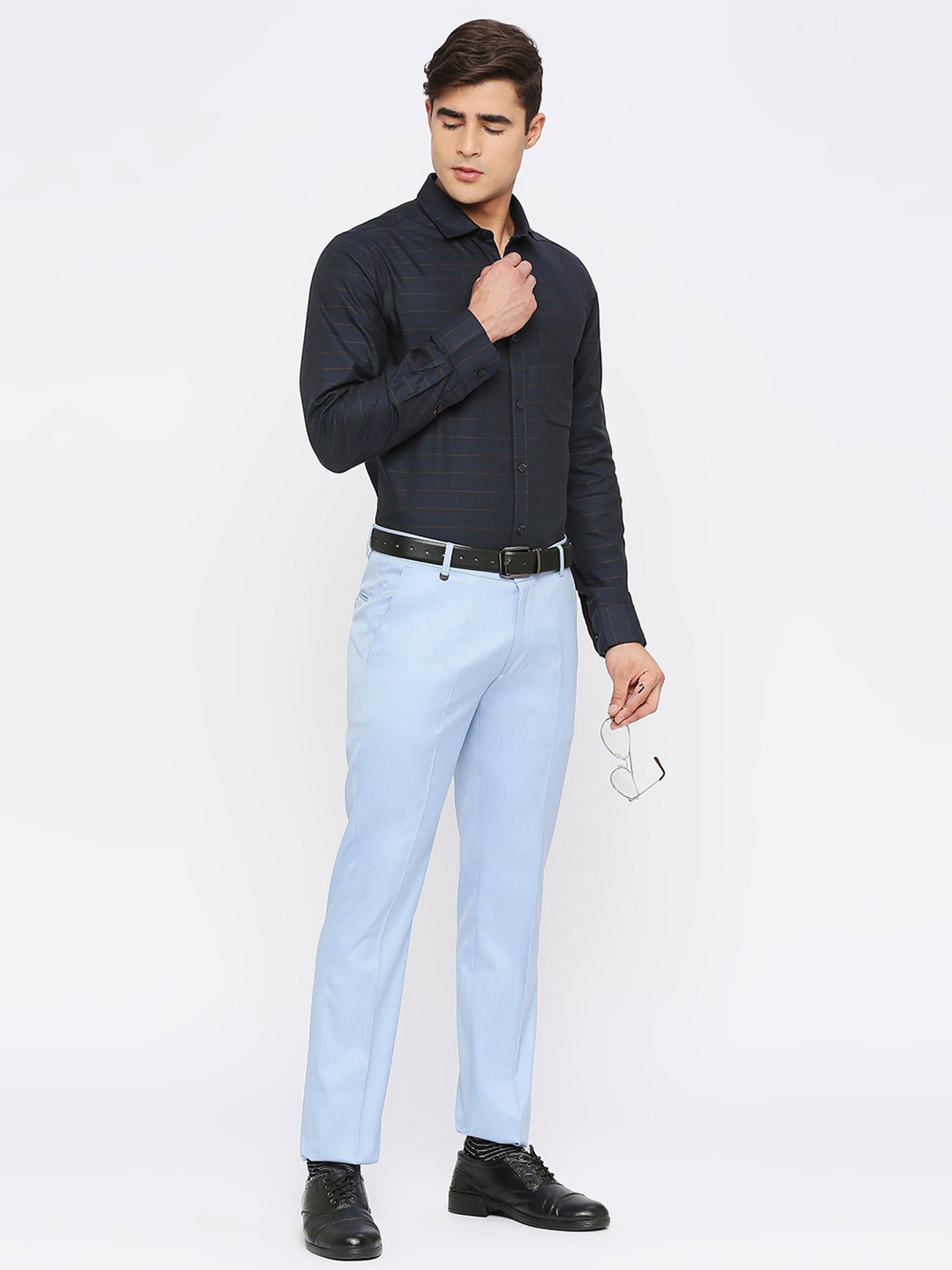 SOLEMIO Sky Blue Slim Fit Flat Front Trousers
