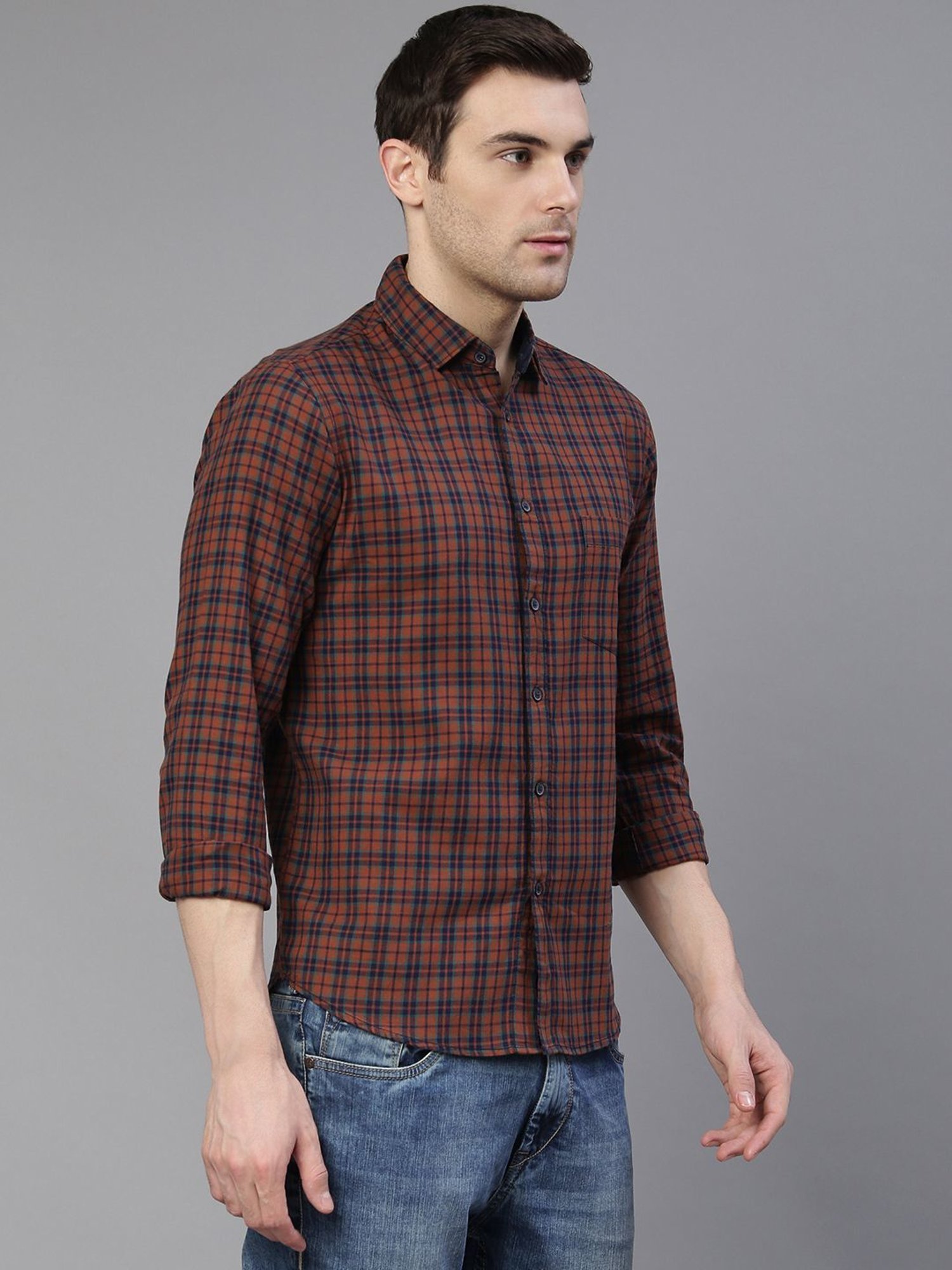 Dennis Lingo Brown & Navy Cotton Slim Fit Checks Shirt