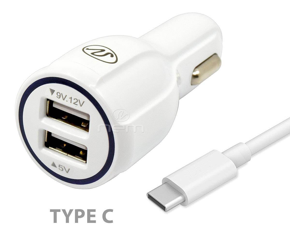 For ZTE Axon 7 2in1 Accessory Kit Car Charger w/ USB-C Power Charging Cable White