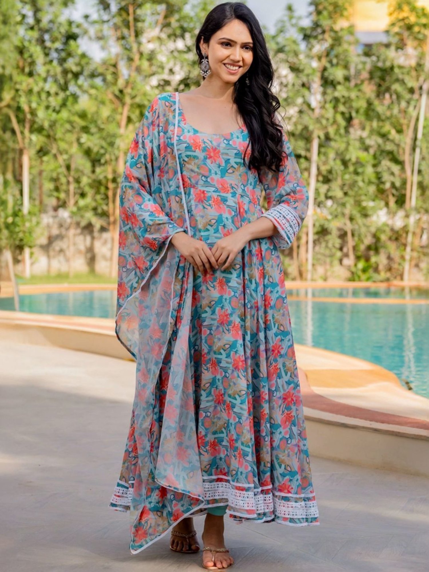 HOUSE OF JAMOTI Blue Printed Anarkali Kurta With Dupatta