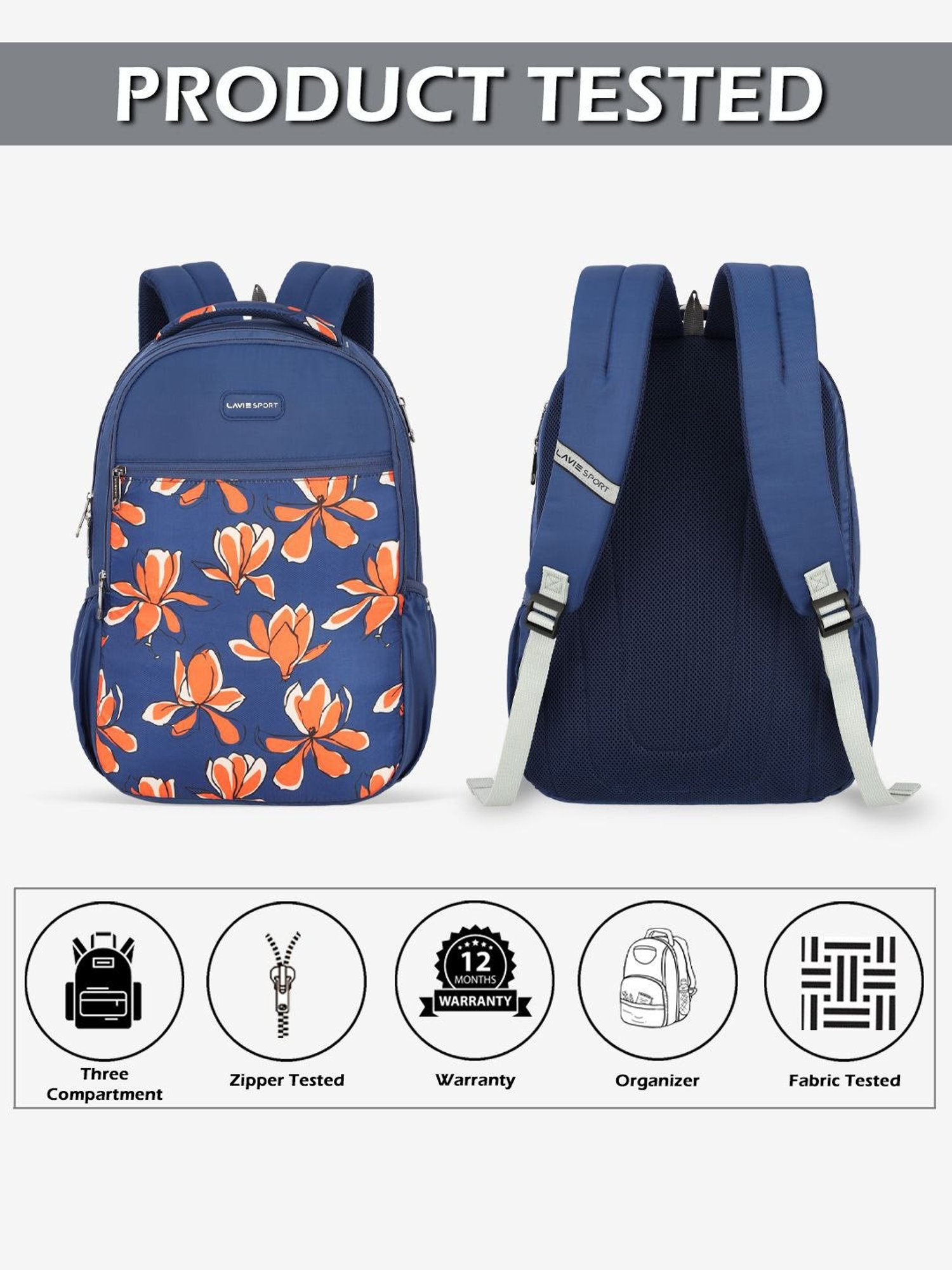Lavie Sport Bloomy 26L Floral Printed School Backpack for Girls (Navy)