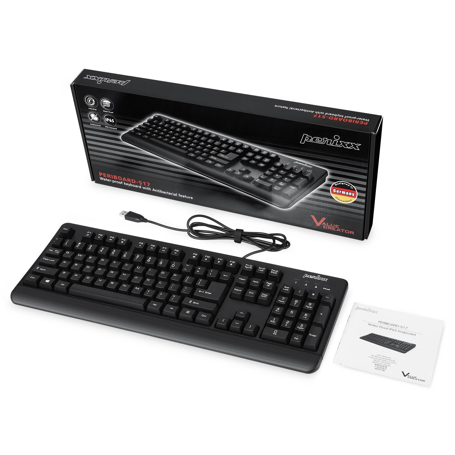 Perixx PERIBOARD-517 Wired Water Proof Keyboard, IP 65 Dust and Water Proof, Black, 24 Anti-Gosting Keys, US English Standard Layout