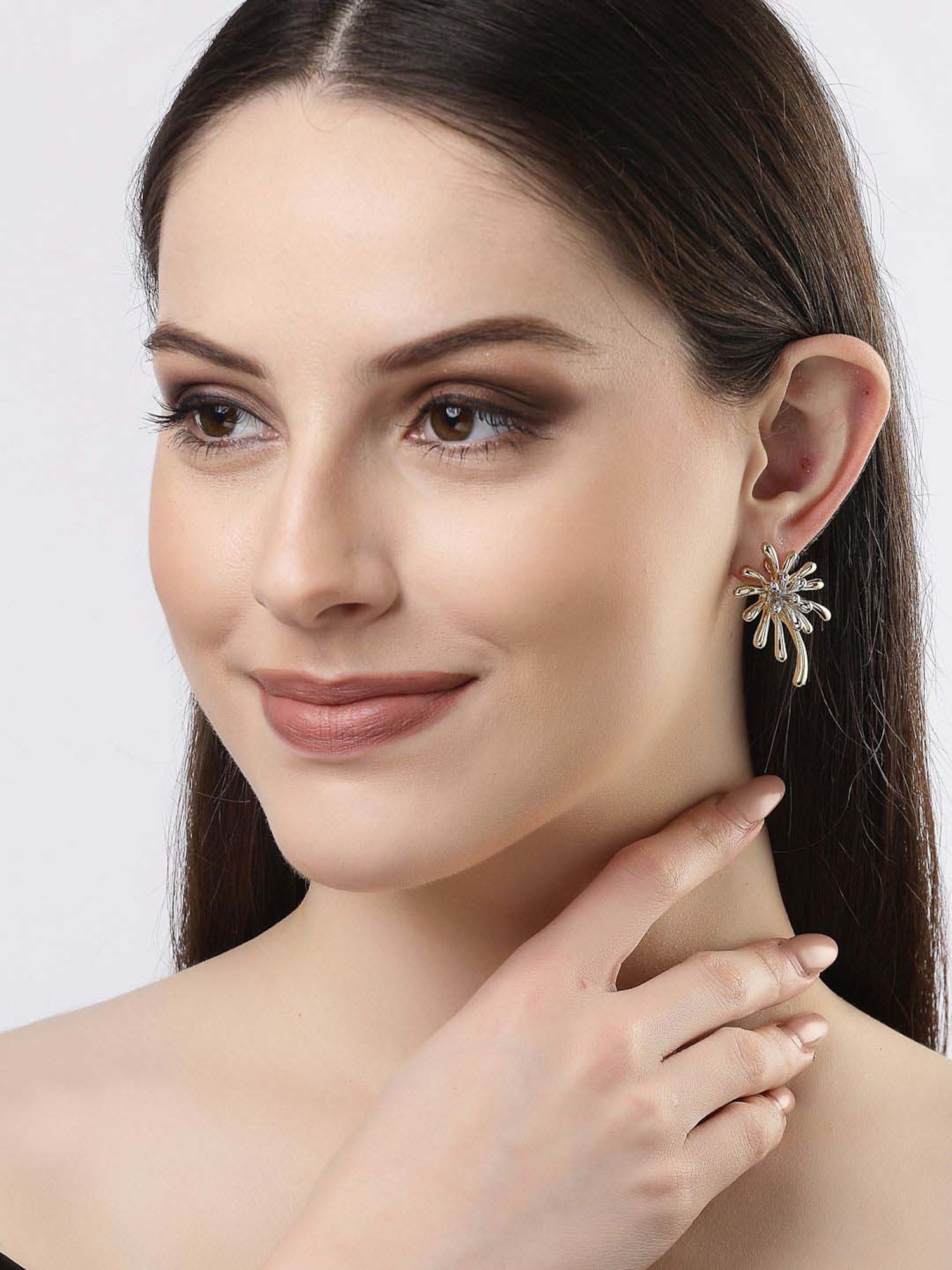 NVR Silver & Gold Brass-Plated Floral Shape Drop Earrings for Women - Set of 2