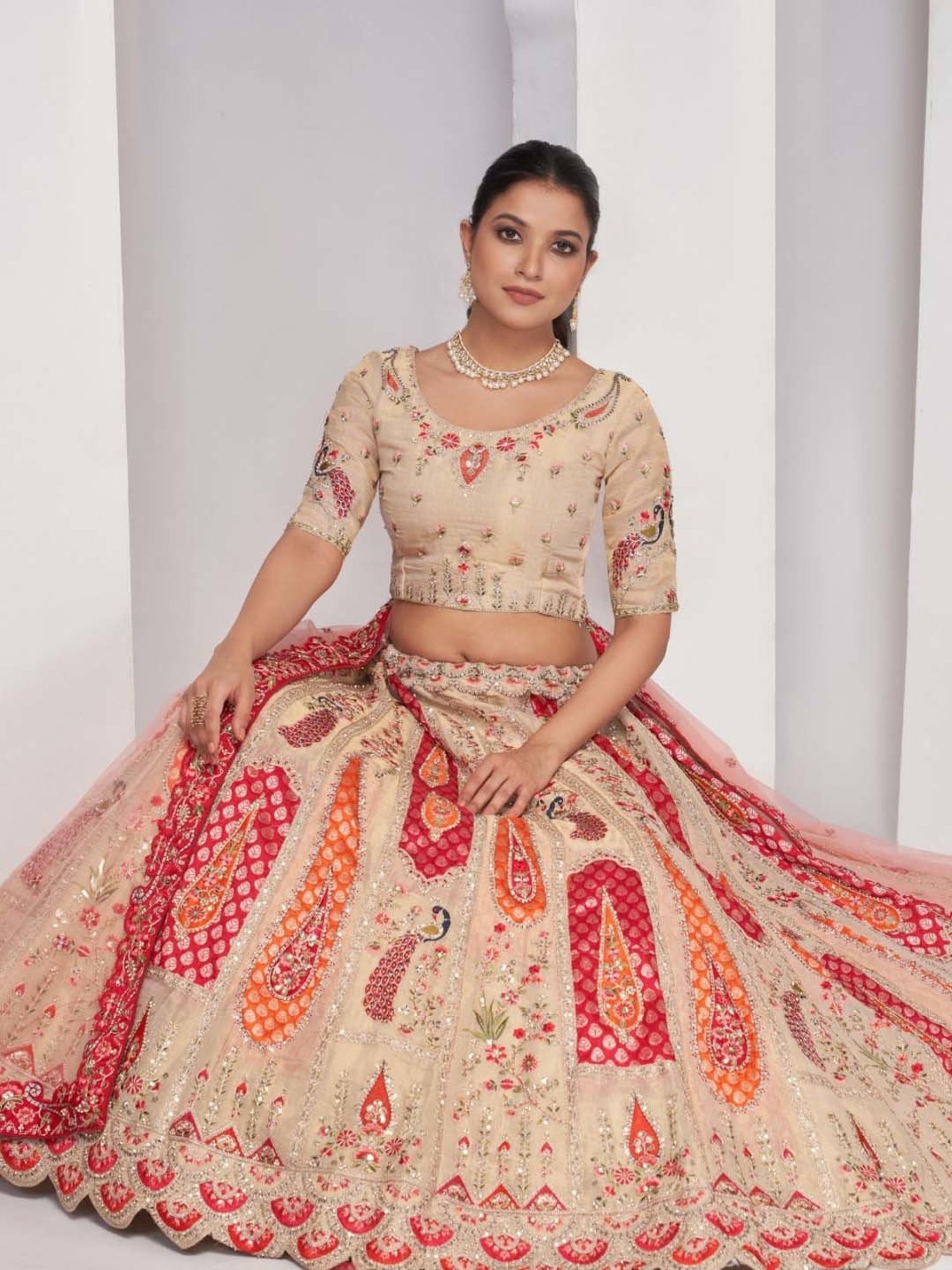 Odette Beige Embroidered Lehenga Choli Set With Dupatta