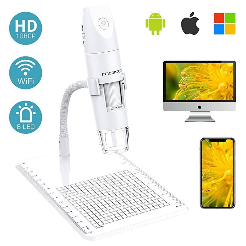 WiFi USB Digital Microscope, 1080P HD 2MP Camera, 50x to 1000x Magnification Mini Pocket Handheld Wireless Endoscope 8 LED, Arm Stand Compatible with iPhone/iPad/Mac/Window/Android/iOS - White