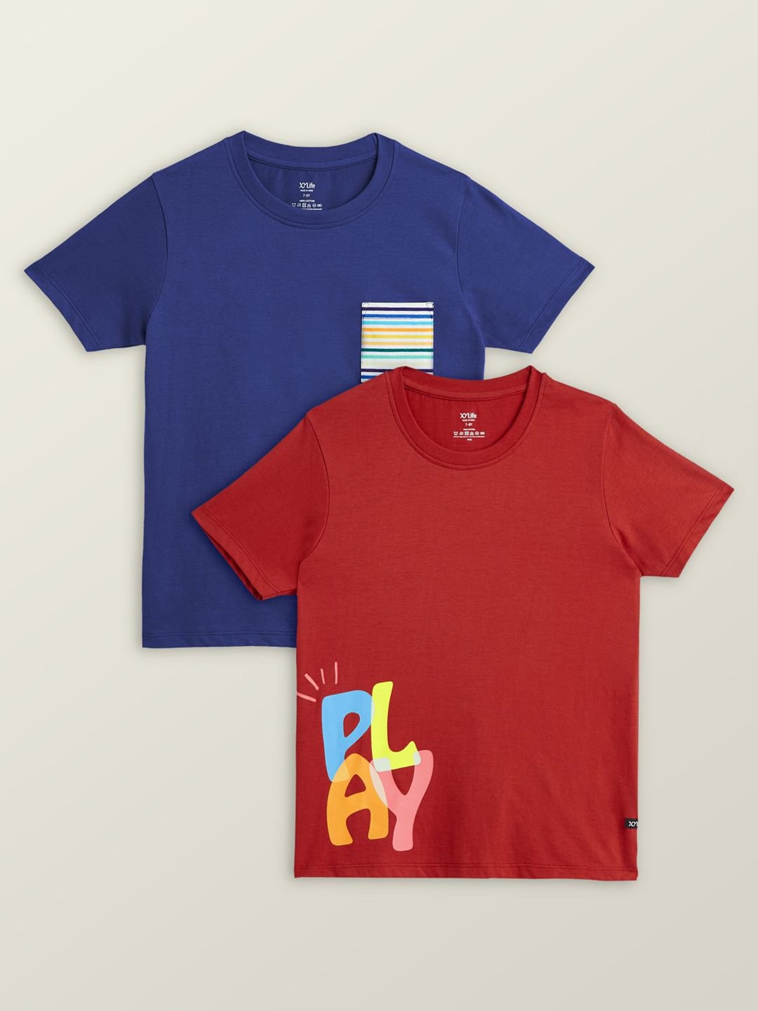 XY Life Kids Blue & Red Cotton Relaxed Fit T-Shirts (Pack of 2)