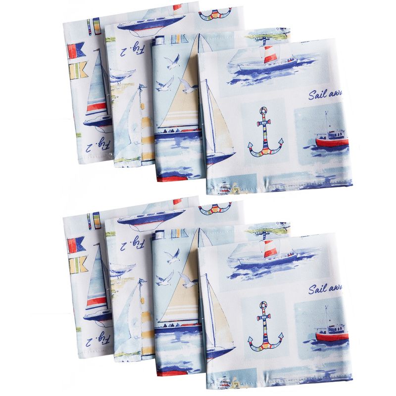 Sail Away Nautical Stain Resistant Indoor/Outdoor Napkin Set of 8 - 17" x 17" - Blue - Elrene Home Fashions