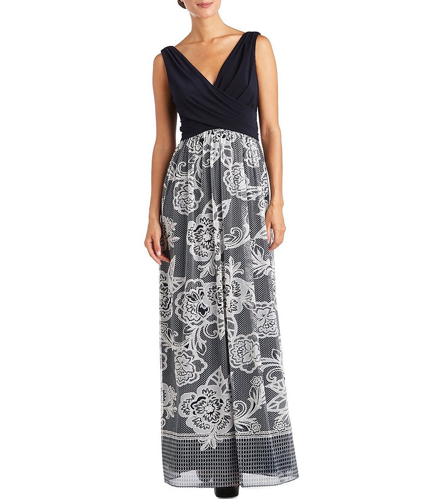 R & M Richards Petite Size Sleeveless Printed Mesh V-Neck Dress