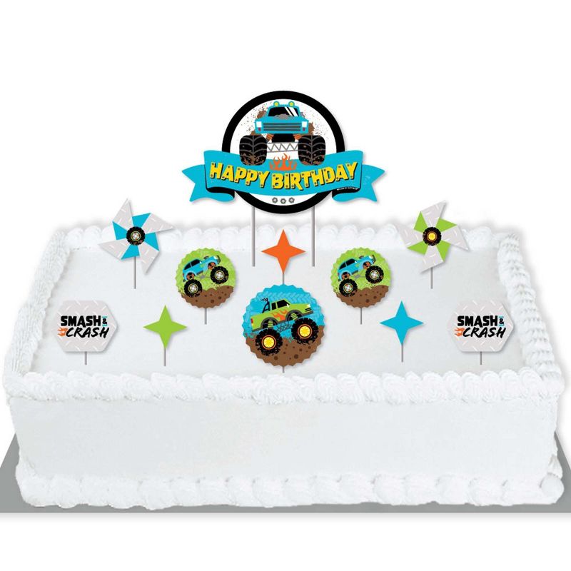 Big Dot of Happiness Smash and Crash - Monster Truck - Boy Birthday Party Cake Decorating Kit - Happy Birthday Cake Topper Set - 11 Pieces