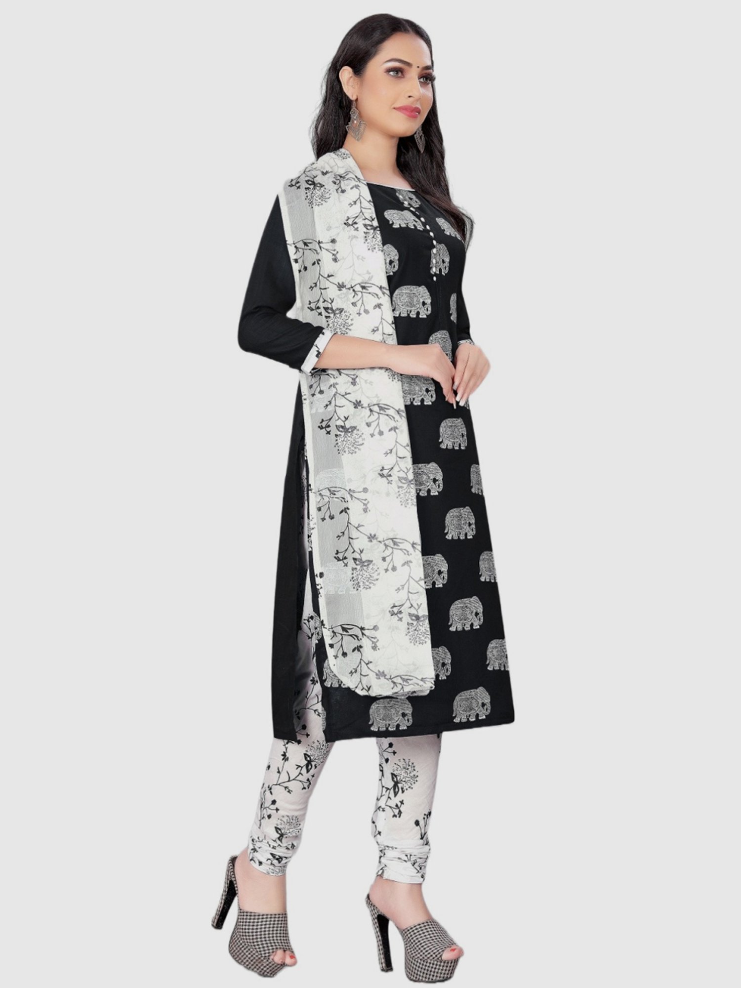 APNISHA Black & White Cotton Printed Unstitched Dress Material