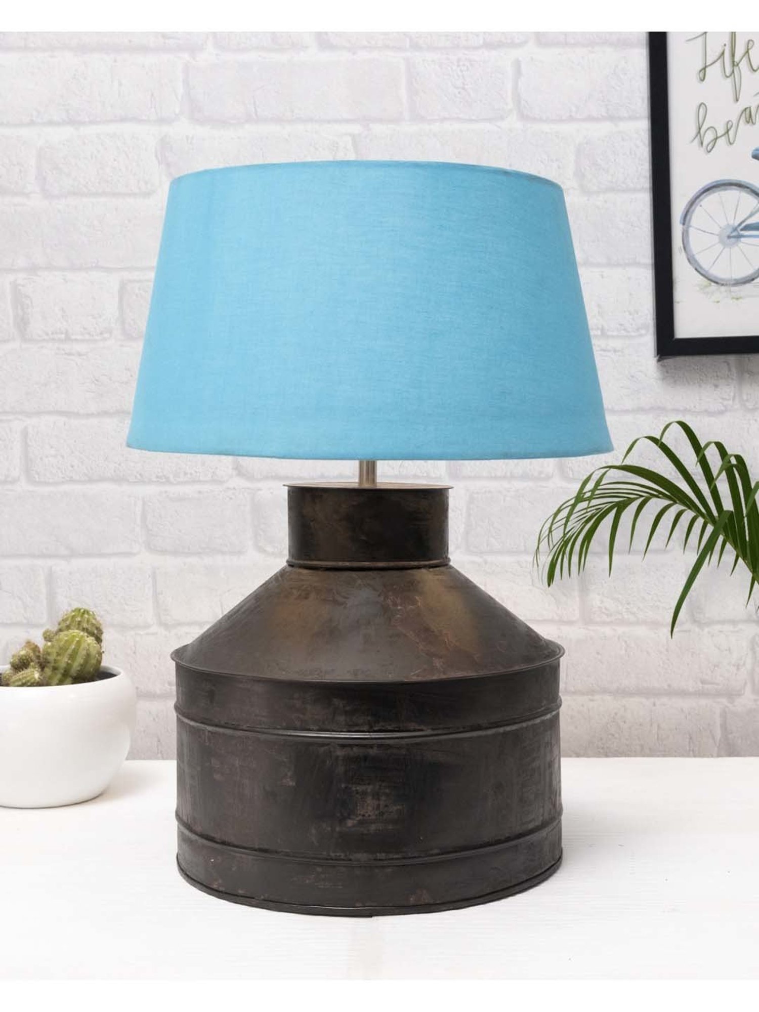 Homesake Rustic Milk Gagar Black & Blue Metal Table Lamp With Cone Drum Shade (LED Bulb Included)