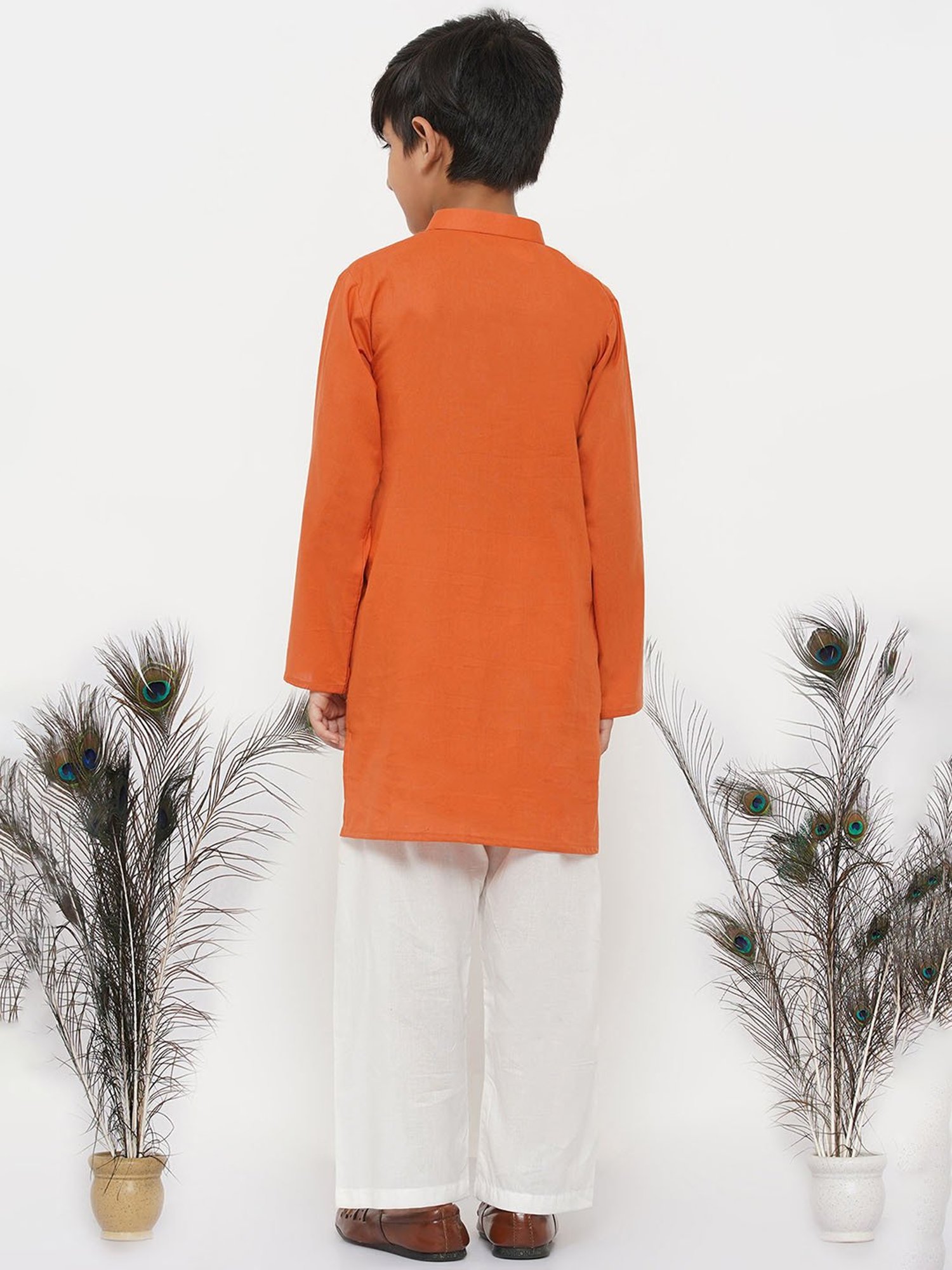 Little Bansi Orange & White Solid 1 Kurta + 1 Pyjamas
