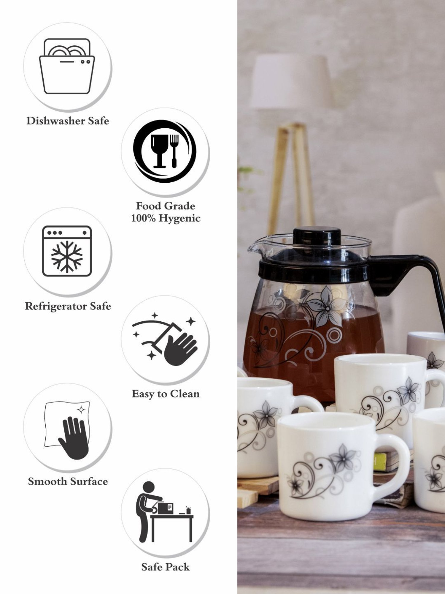 Cello Floral Multicolor Opalware Tea Set - Set of 6 Cups (180ml) & 1 Tea Pot (750ml)