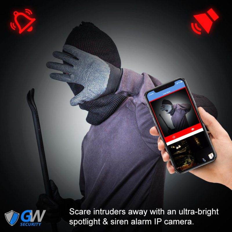 GW Security 2-Way Audio Floodlight 5.0 Megapixel PoE Security Camera System, 8 Channel 4K NVR with 4 x 5MP Full-time Color Night Vision IP Camera, Thermal PIR Heat & Motion Sensing, Two Way Talk