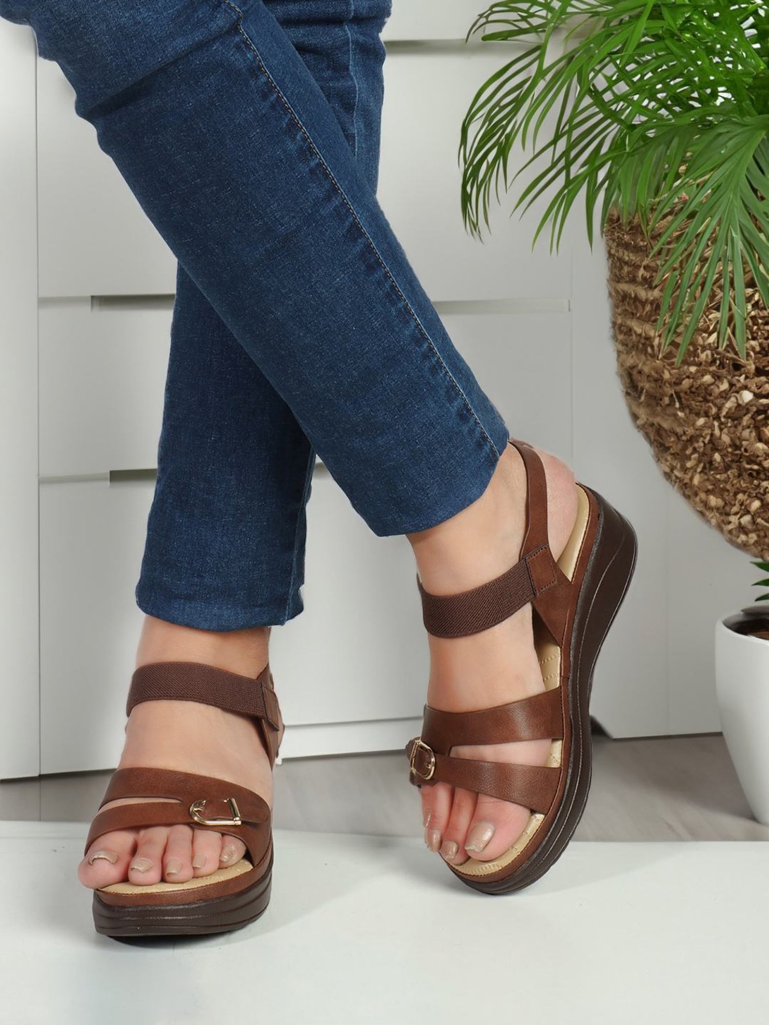 Iconics Women's Brown Ankle Strap Wedges