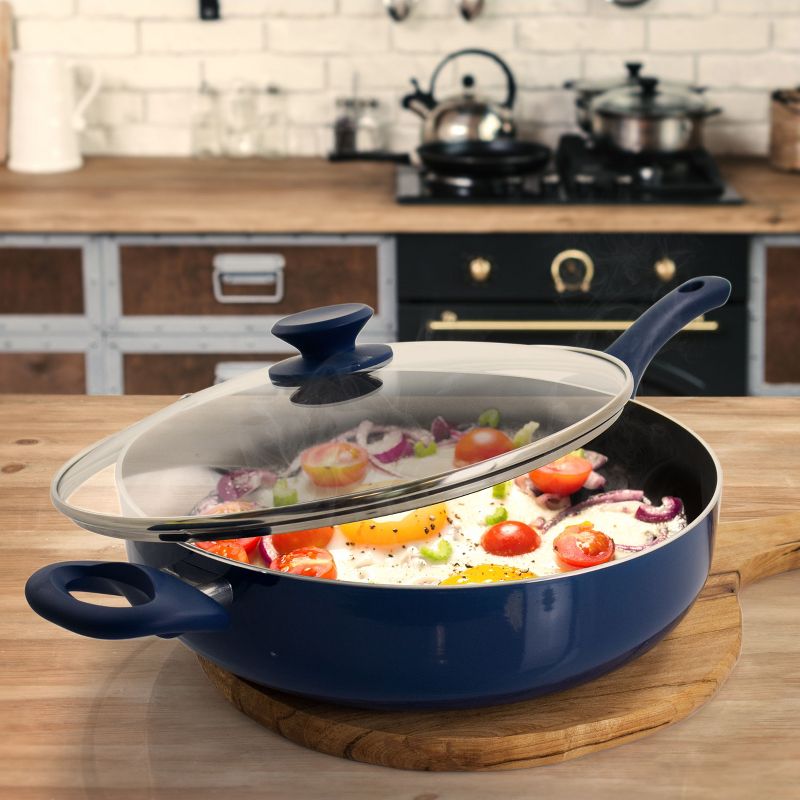 Gibson Home Charmont 5 Quart Nonstick Aluminum Saute Pan with Lid in Yale Blue