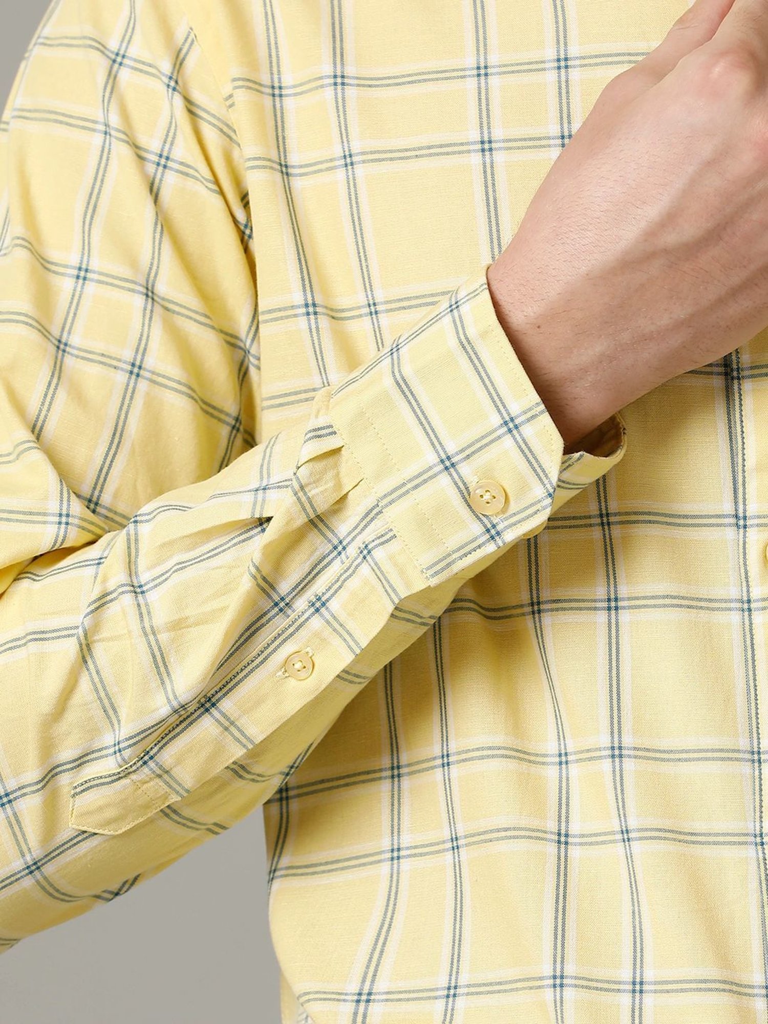 Cavallo By Linen Club Yellow Linen Contemporary Fit Checks Shirt