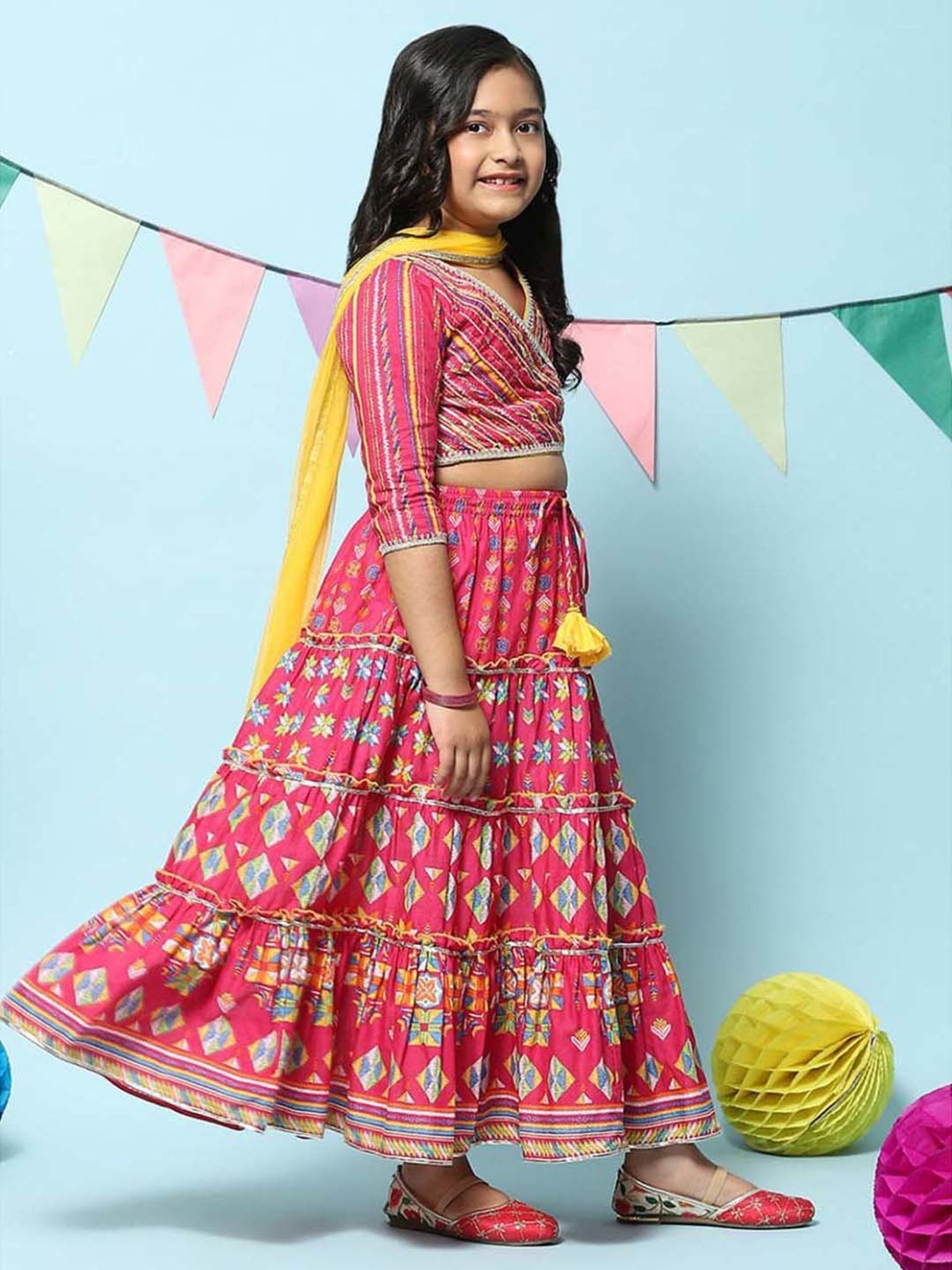 BIBA Girls Kids Pink Cotton Printed Lehenga Set