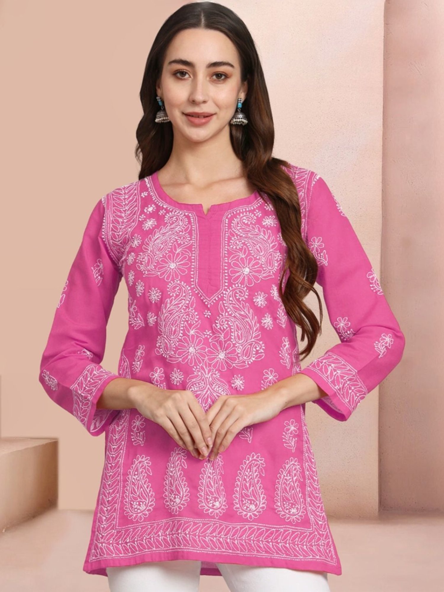 PARAMOUNT CHIKAN Hot Pink Cotton Hand Embroidered Chikankari Straight Kurti