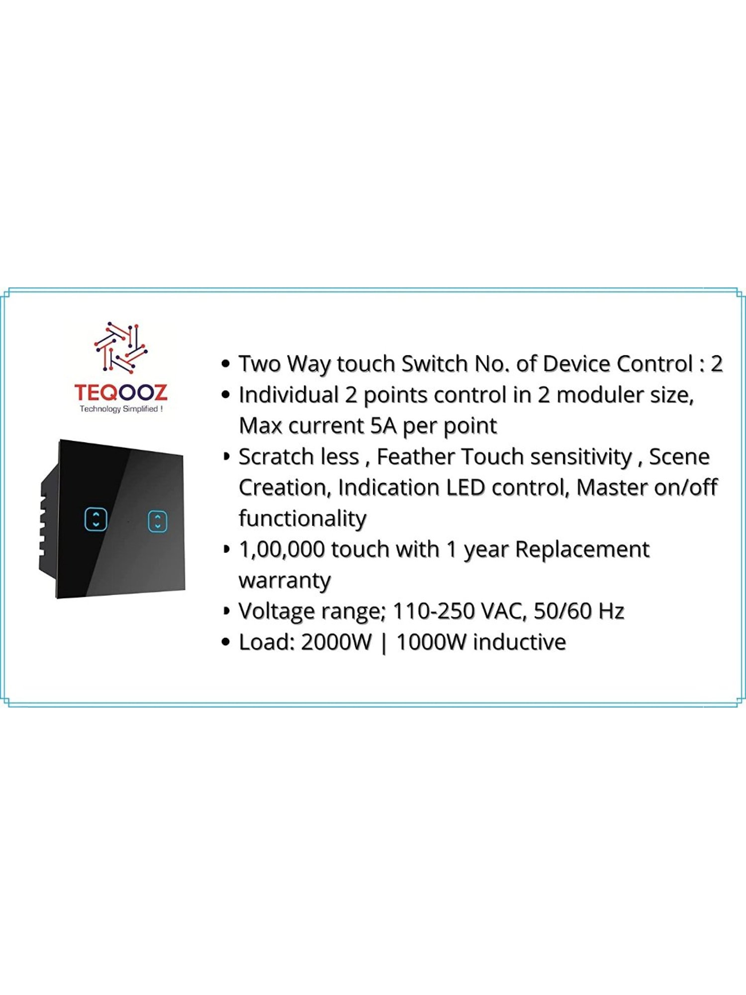 Teqooz 2-Way 2-Touch Smart Wi-Fi plus Bluetooth Switch (Black)